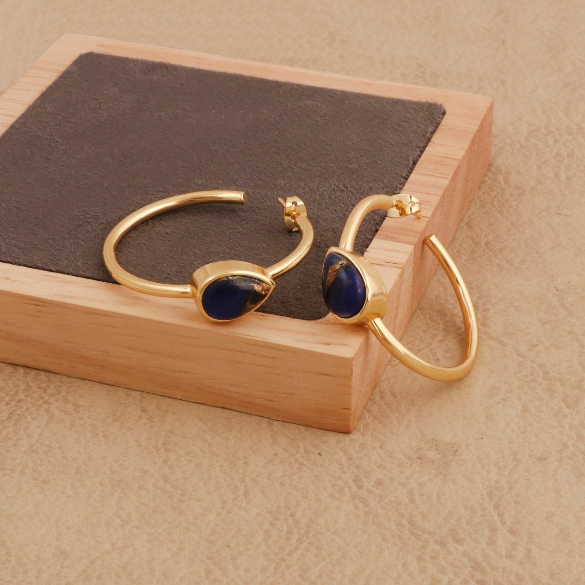 Natural Green Aventurine Hoop Earrings, Gold Plated Jewelry CE-1019