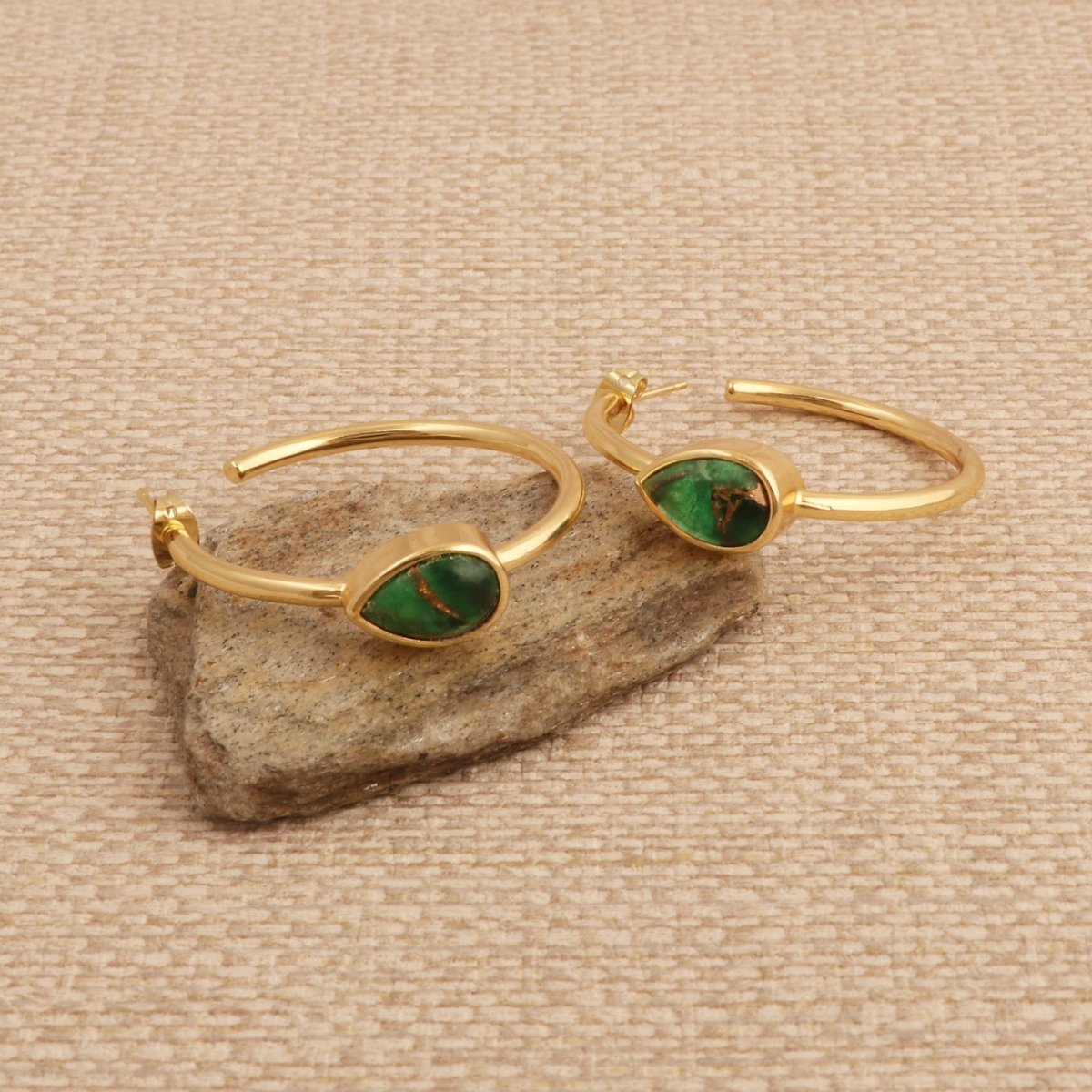 Natural Green Aventurine Hoop Earrings, Gold Plated Jewelry CE-1019