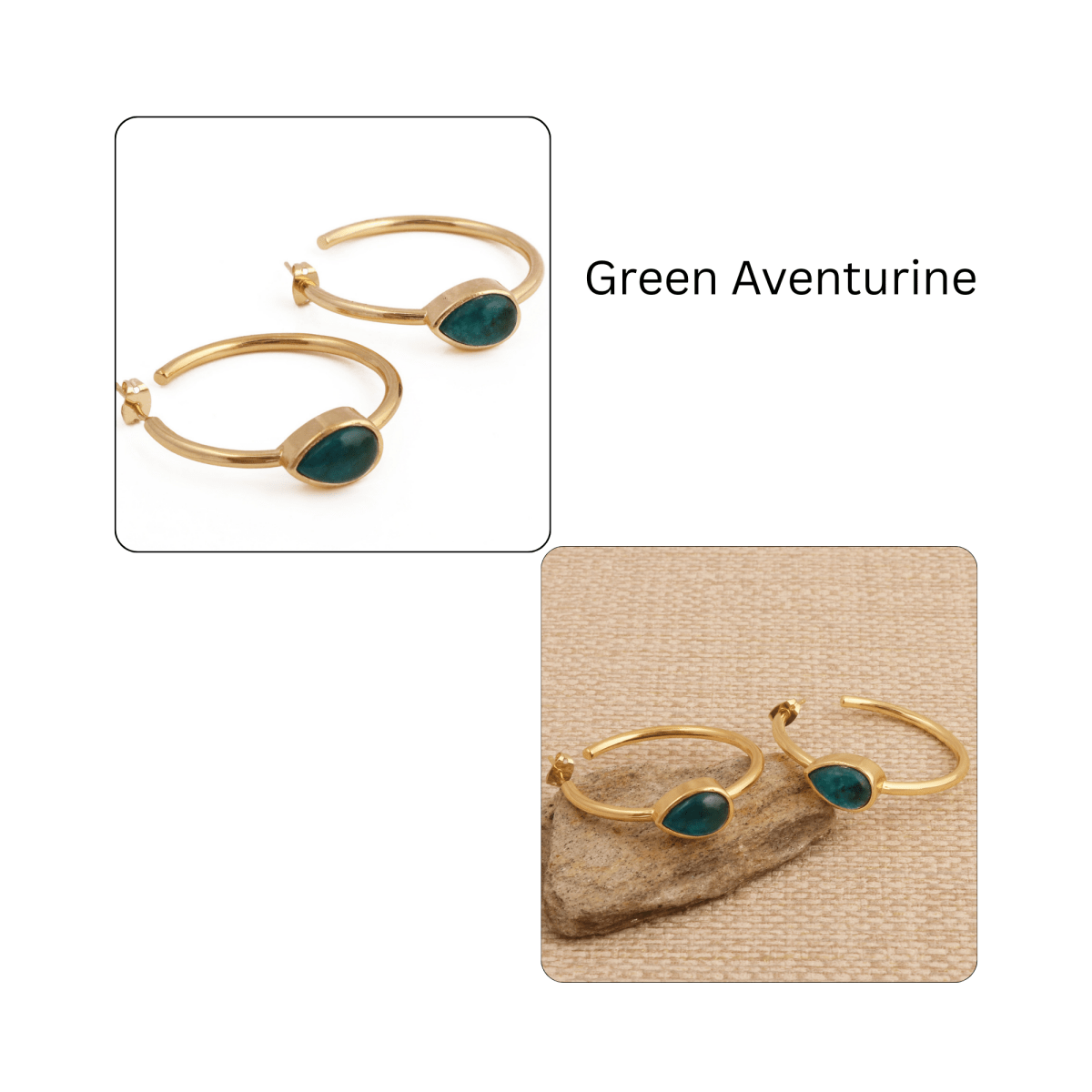 Natural Green Aventurine Hoop Earrings, Gold Plated Jewelry CE-1019