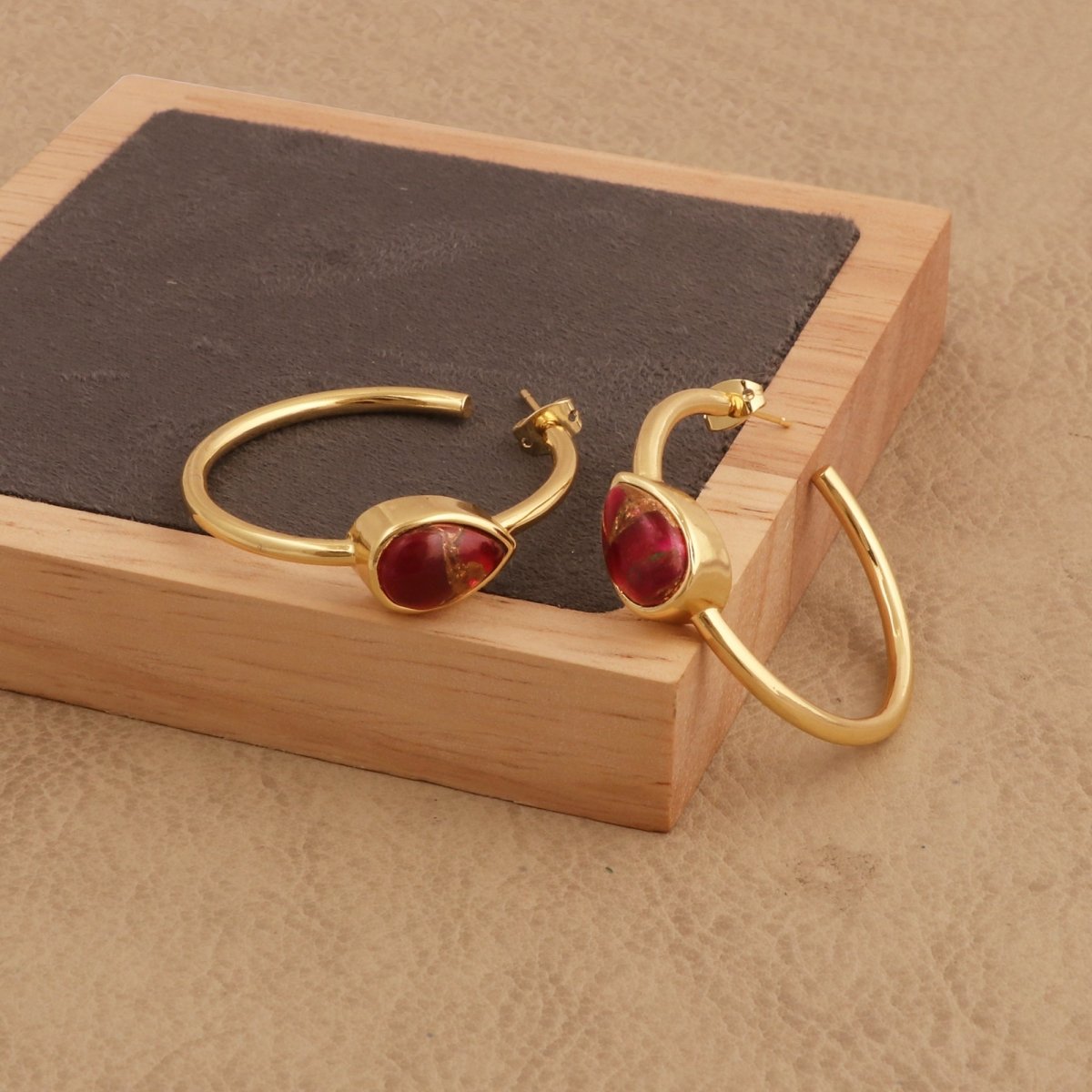 Natural Green Aventurine Hoop Earrings, Gold Plated Jewelry CE-1019