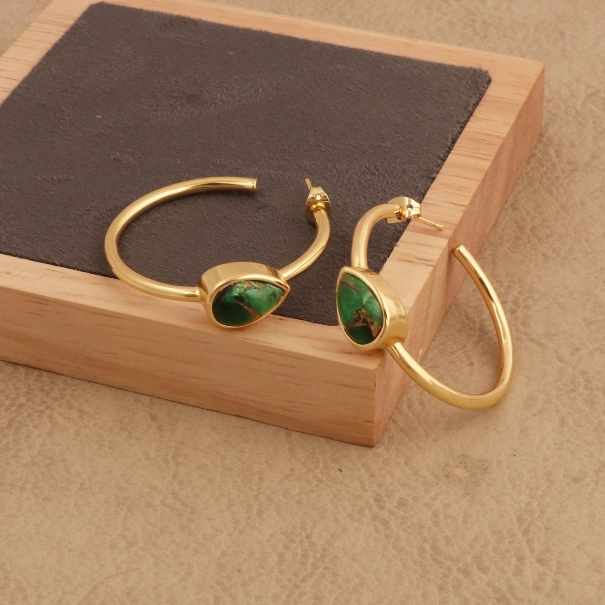 Natural Green Aventurine Hoop Earrings, Gold Plated Jewelry CE-1019