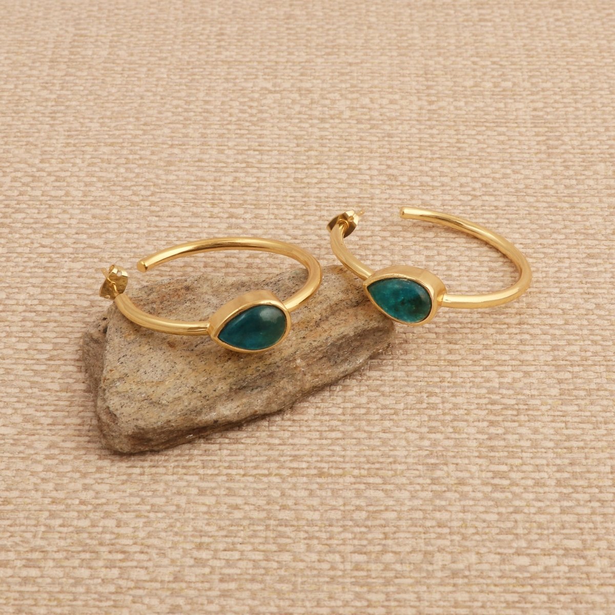 Natural Green Aventurine Hoop Earrings, Gold Plated Jewelry CE-1019