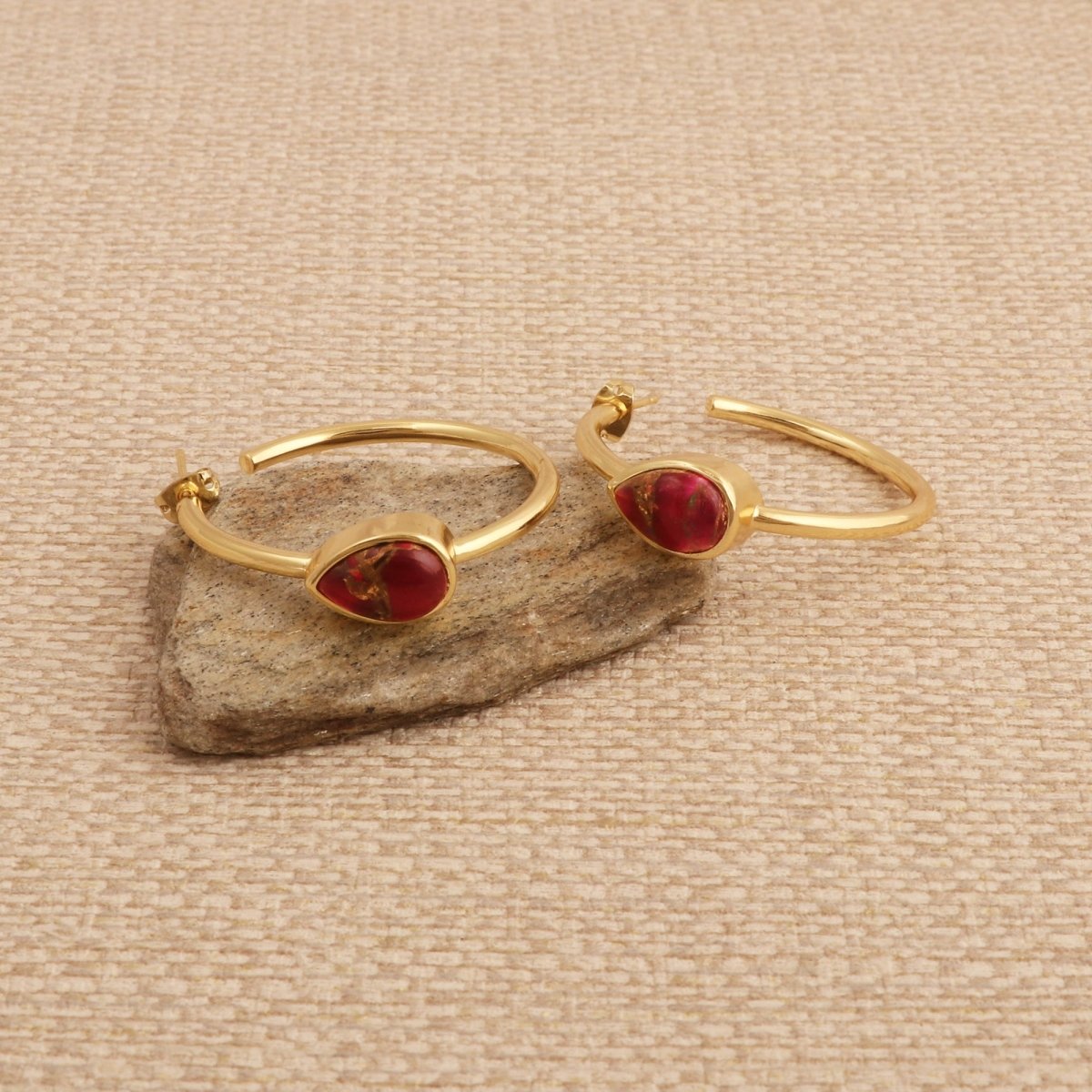 Natural Green Aventurine Hoop Earrings, Gold Plated Jewelry CE-1019