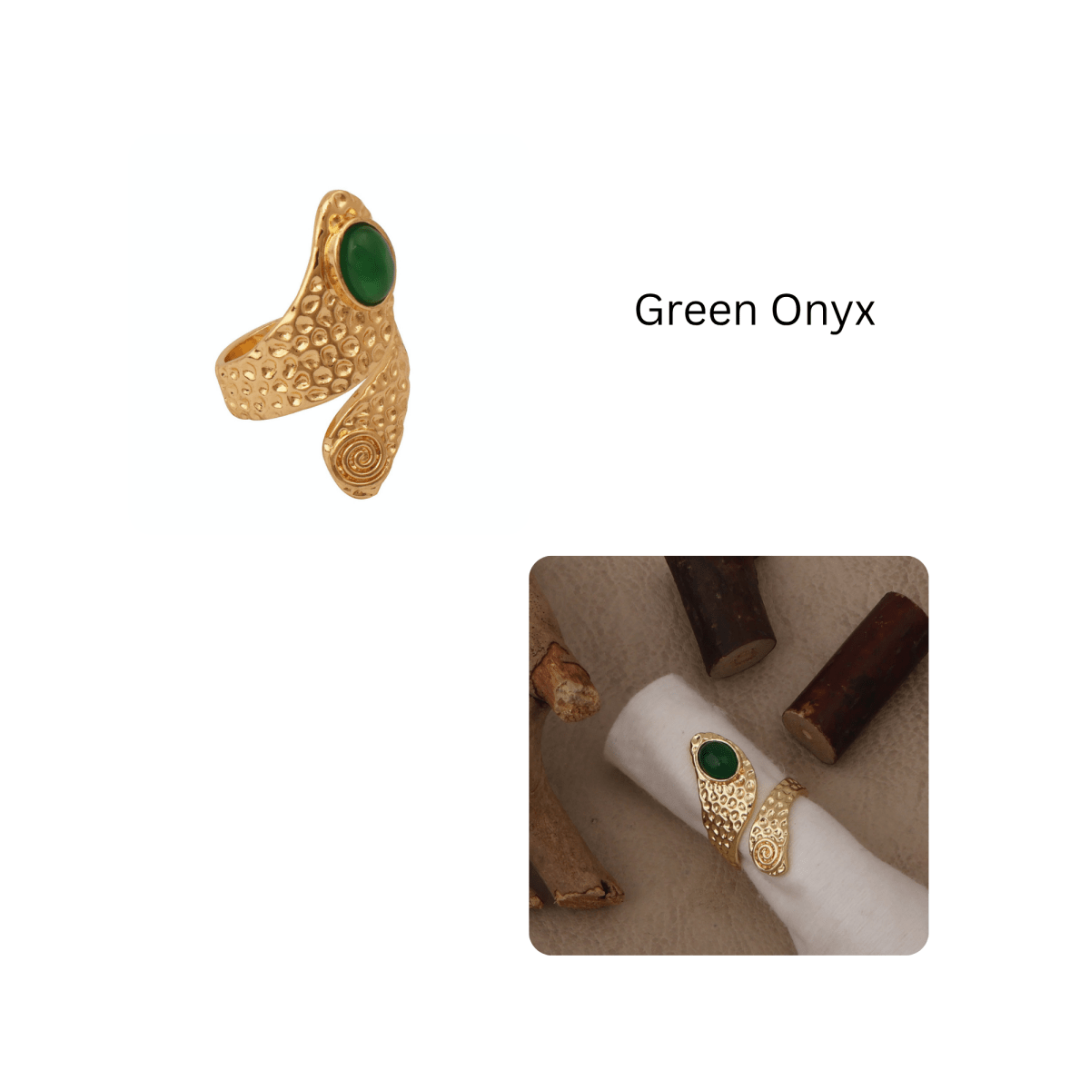 Natural Green Onyx Gemstone Hammered Design Gold Plated Rings CR - 1015