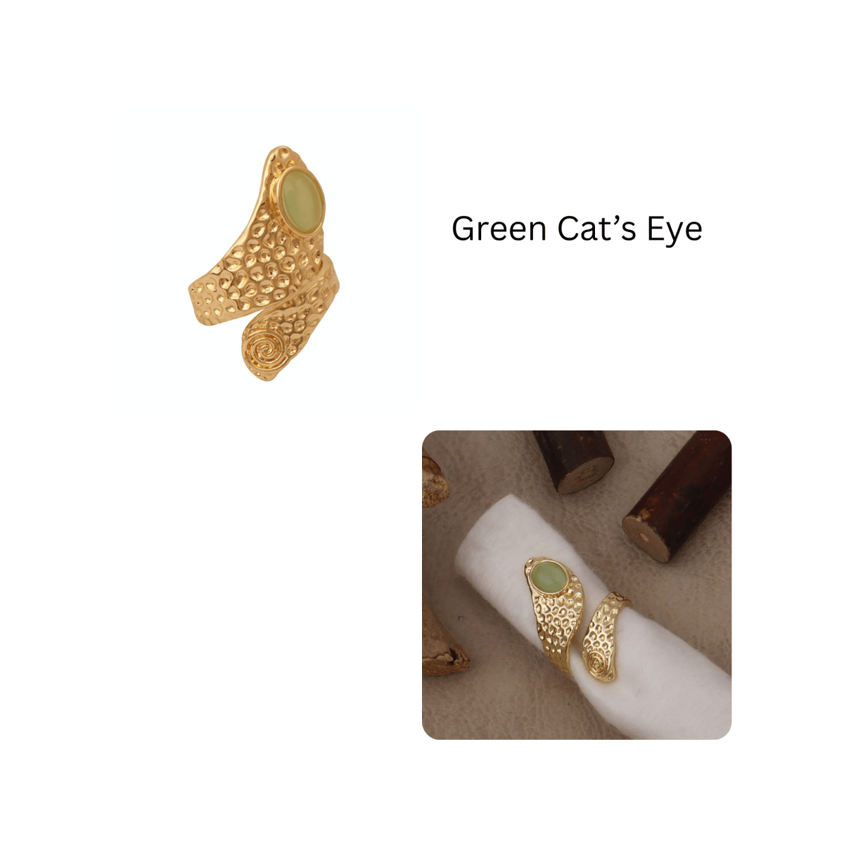Natural Green Onyx Gemstone Hammered Design Gold Plated Rings CR - 1015