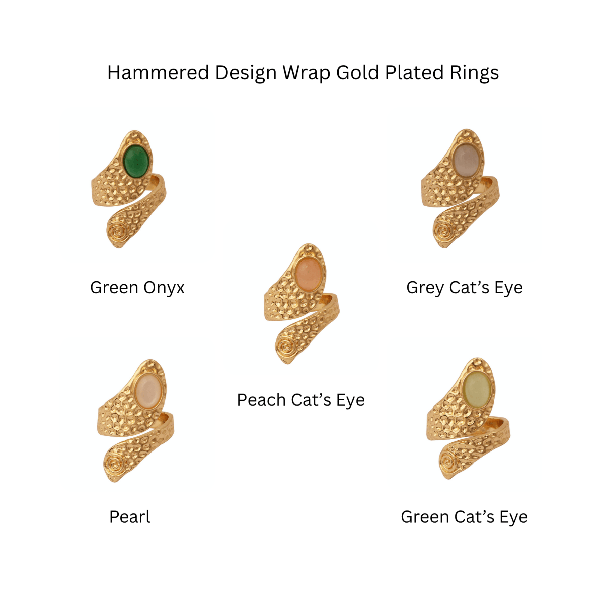 Natural Green Onyx Gemstone Hammered Design Gold Plated Rings CR - 1015