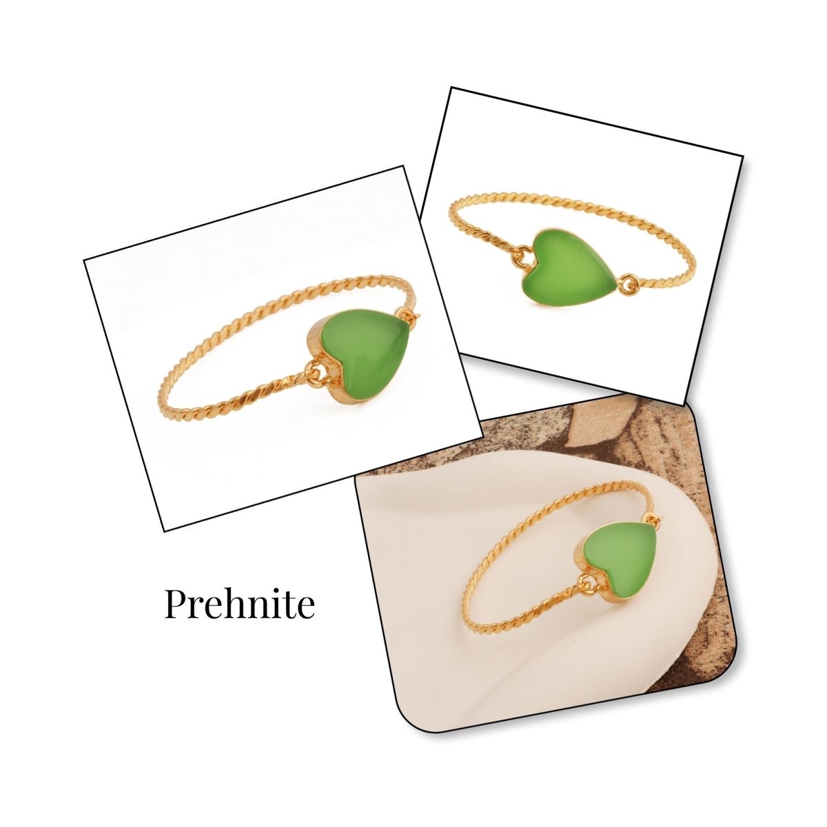 Natural Green Onyx Heart Shape Stone, Twisted Gold - Plated Bangle 5050