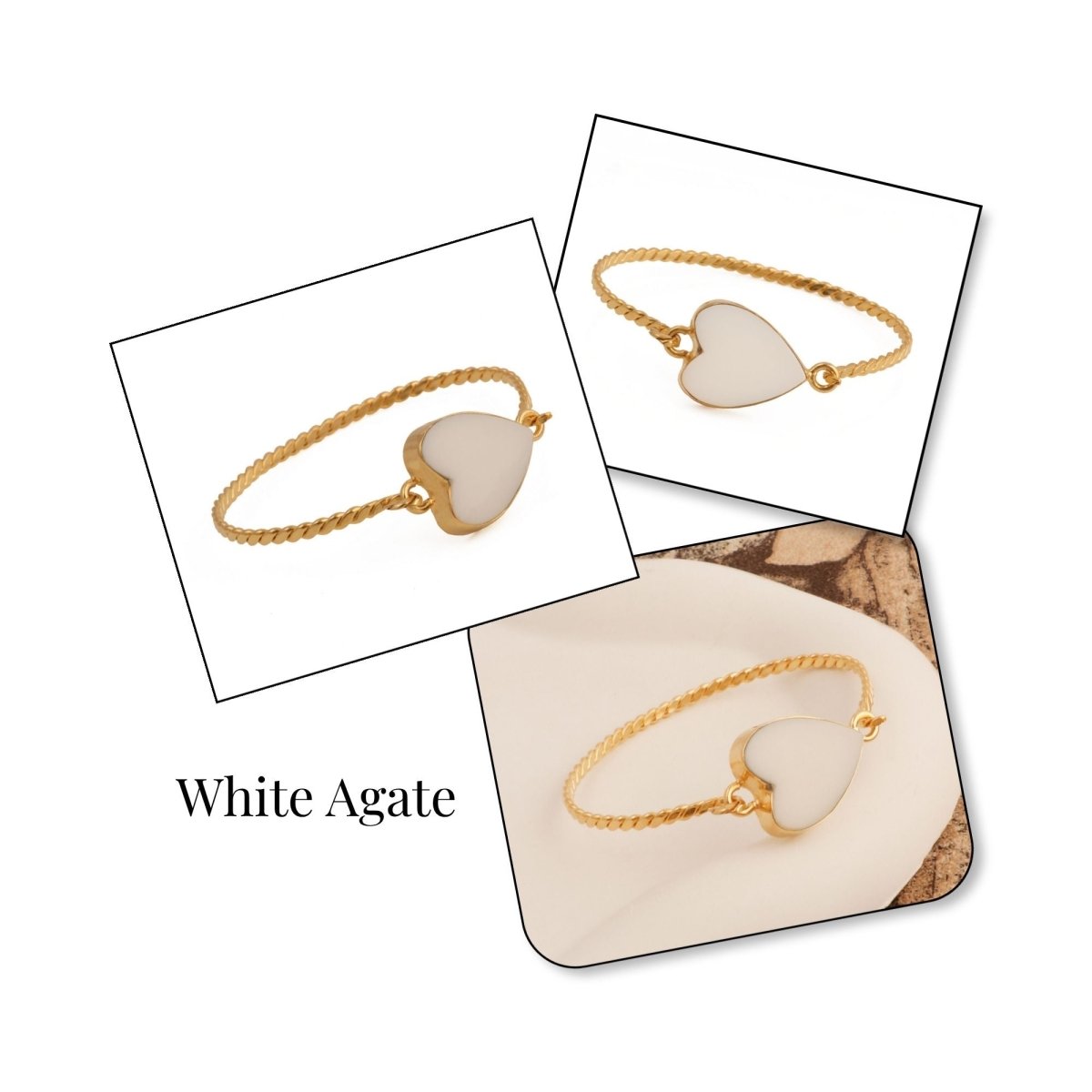 Natural Green Onyx Heart Shape Stone, Twisted Gold - Plated Bangle 5050