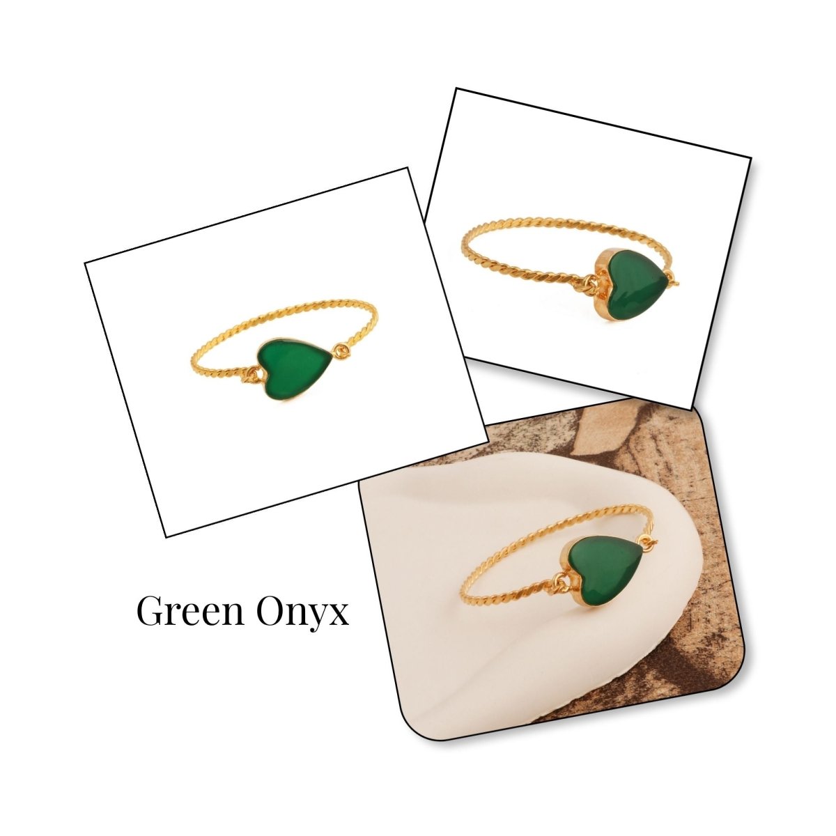 Natural Green Onyx Heart Shape Stone, Twisted Gold - Plated Bangle 5050