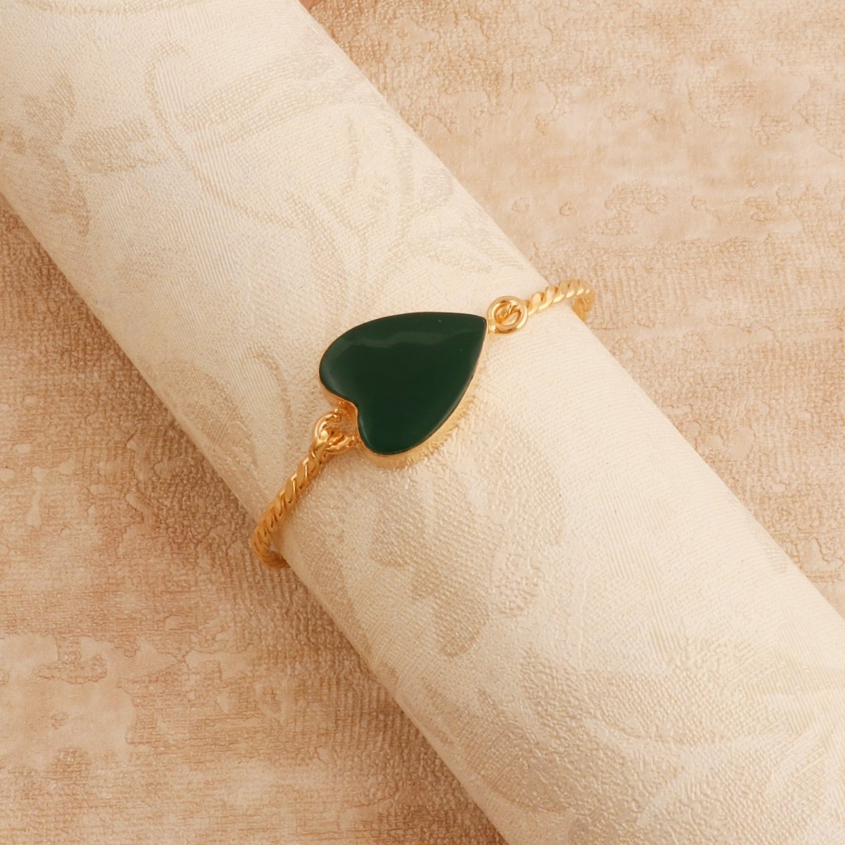 Natural Green Onyx Heart Shape Stone, Twisted Gold - Plated Bangle 5050