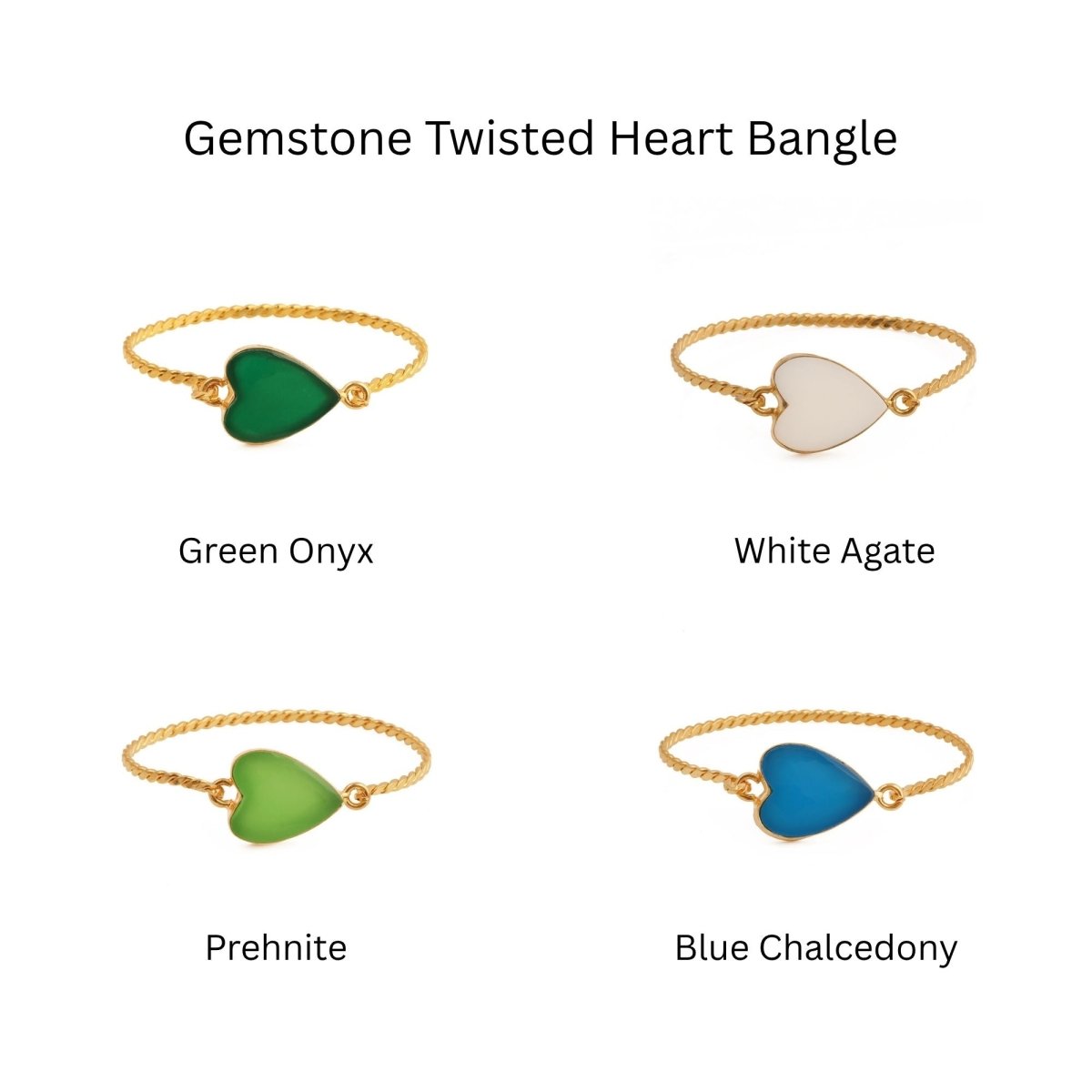 Natural Green Onyx Heart Shape Stone, Twisted Gold - Plated Bangle 5050
