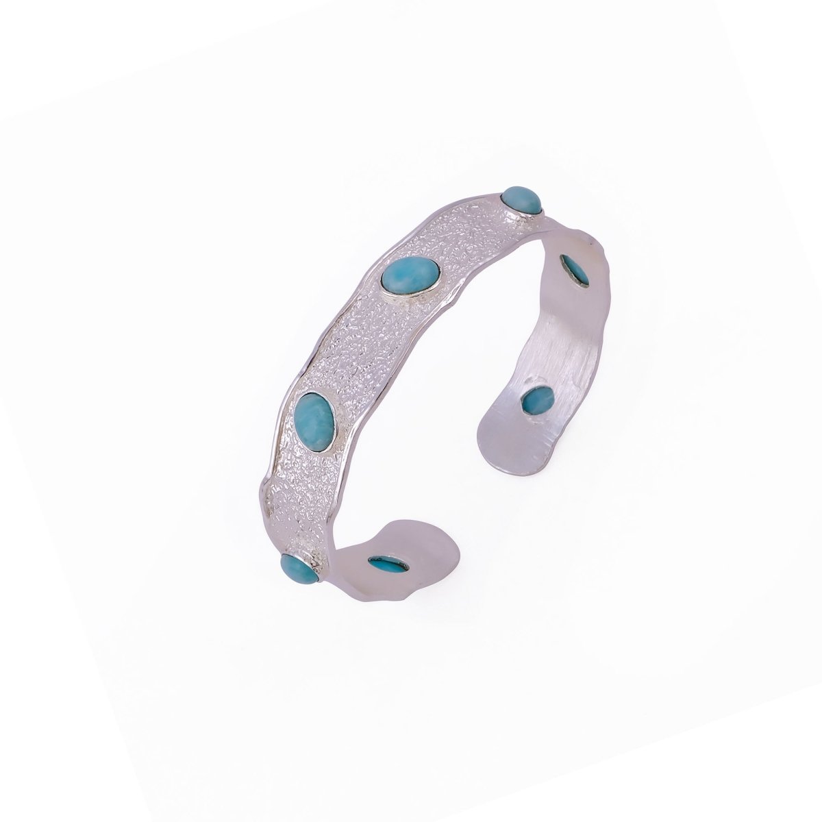 Natural Green Onyx Wavy Cuff Bangle, Textured Silver - Plated Statement Jewelry 5165