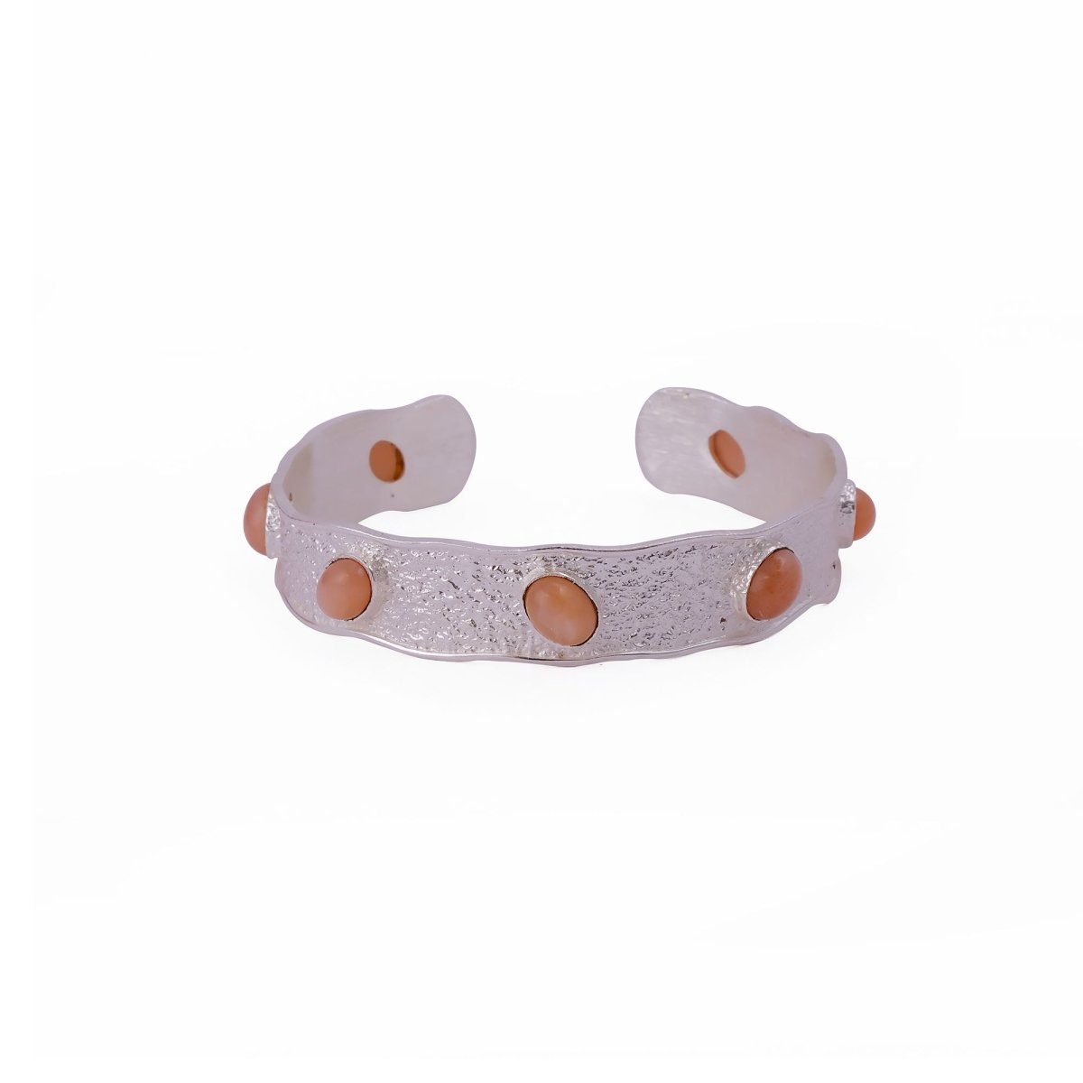 Natural Green Onyx Wavy Cuff Bangle, Textured Silver - Plated Statement Jewelry 5165