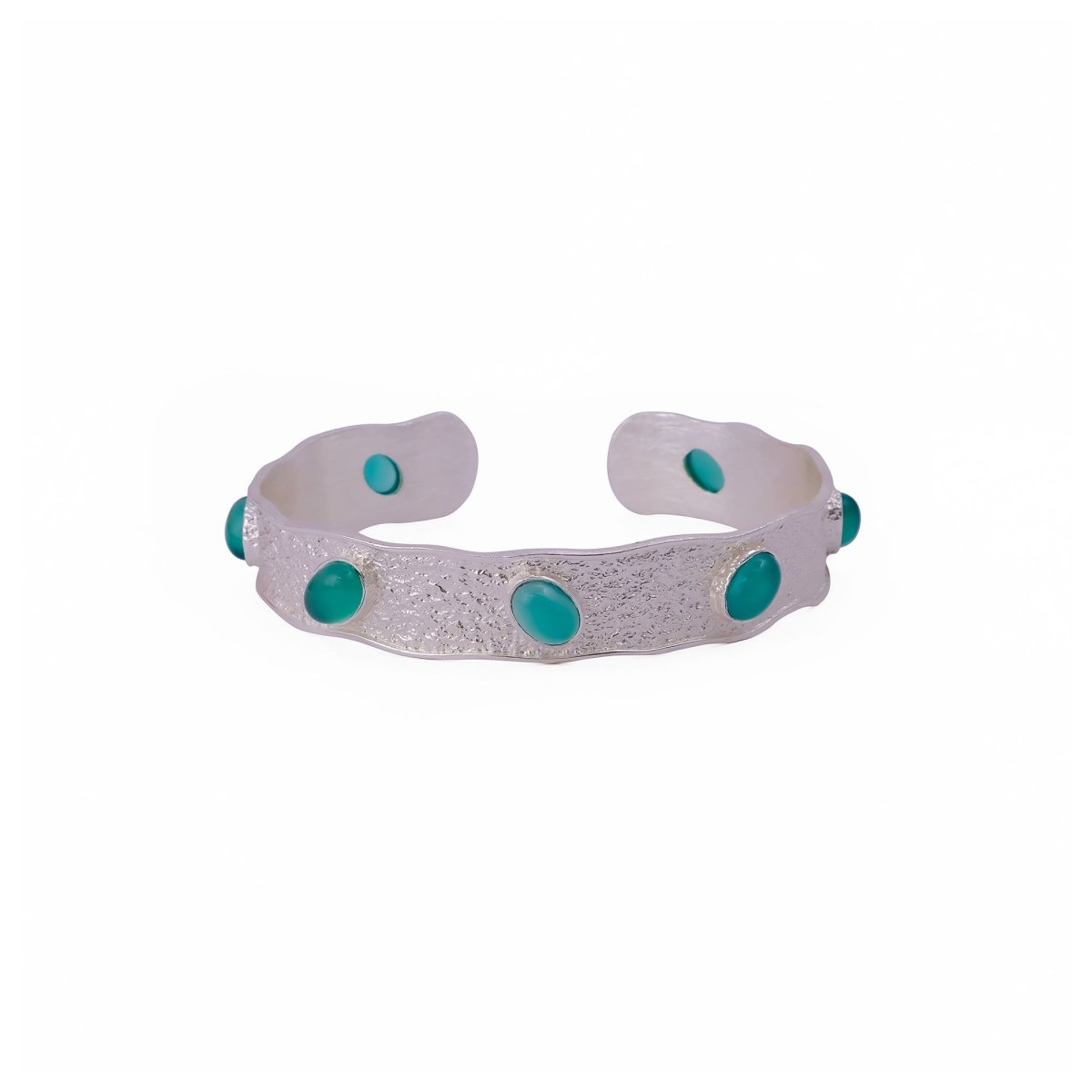Natural Green Onyx Wavy Cuff Bangle, Textured Silver - Plated Statement Jewelry 5165