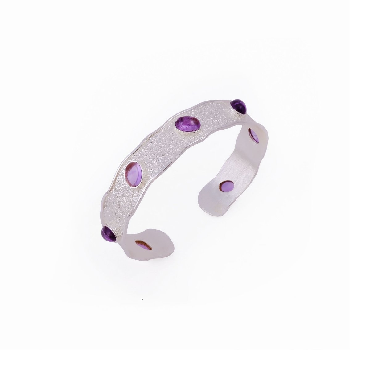 Natural Green Onyx Wavy Cuff Bangle, Textured Silver - Plated Statement Jewelry 5165