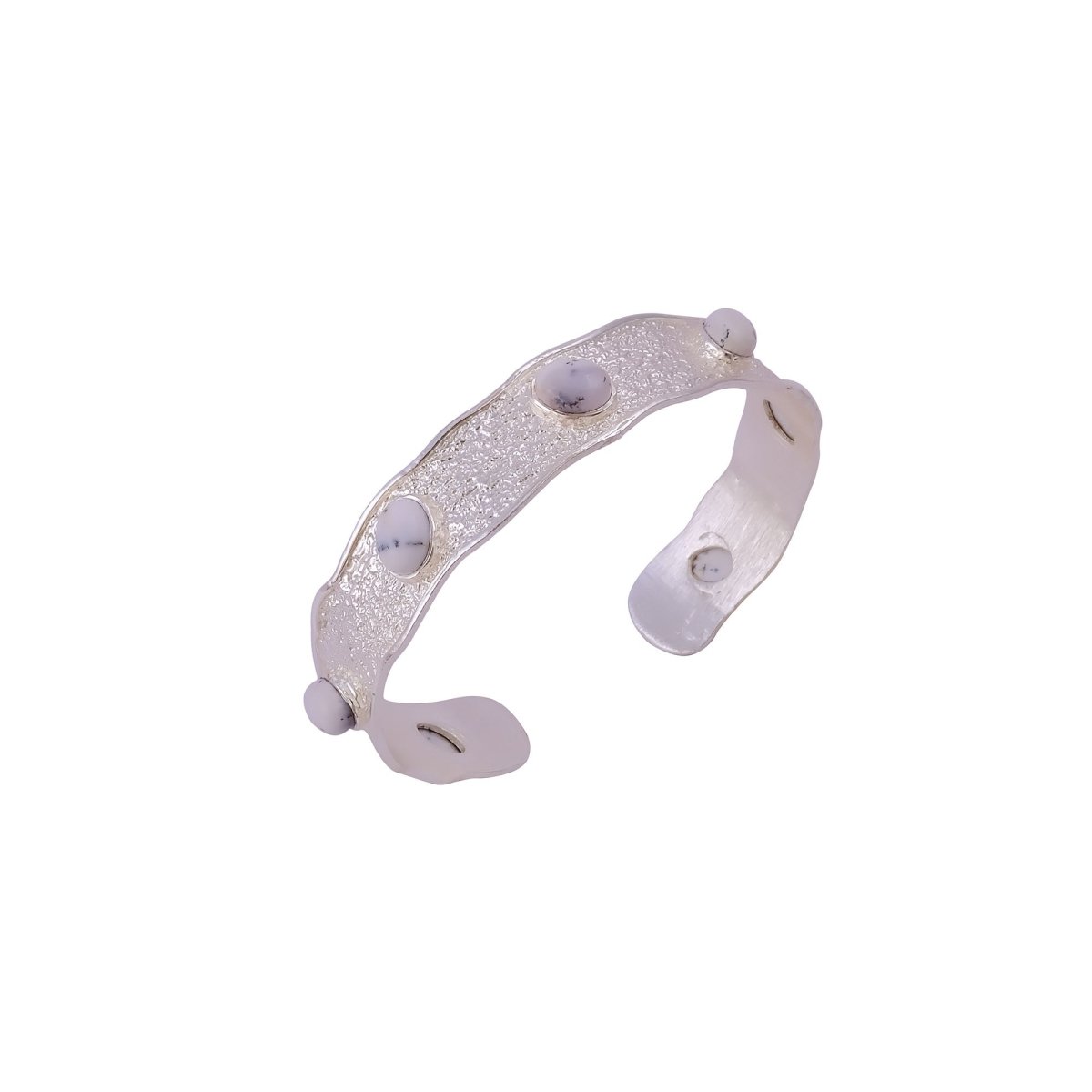 Natural Green Onyx Wavy Cuff Bangle, Textured Silver - Plated Statement Jewelry 5165