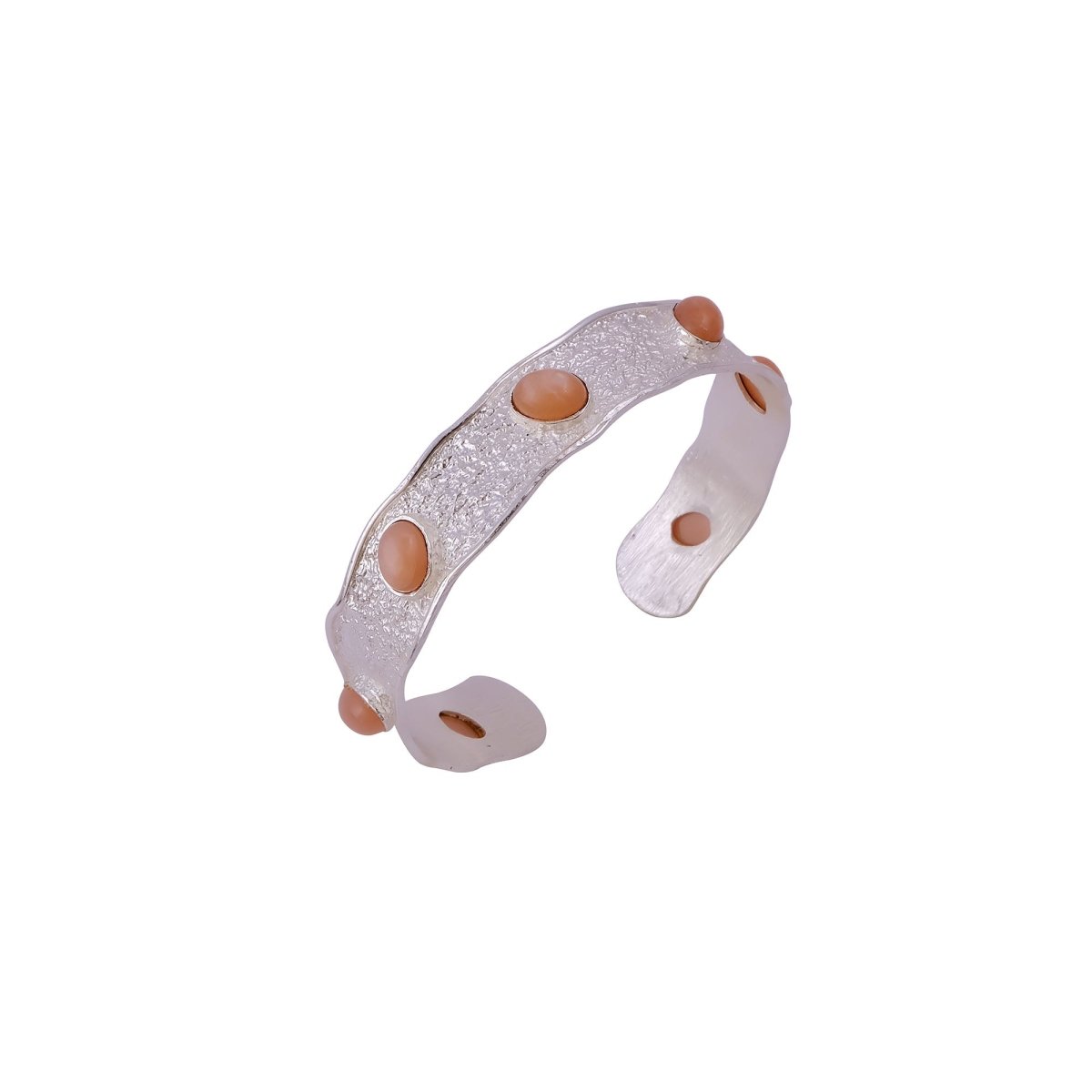 Natural Green Onyx Wavy Cuff Bangle, Textured Silver - Plated Statement Jewelry 5165