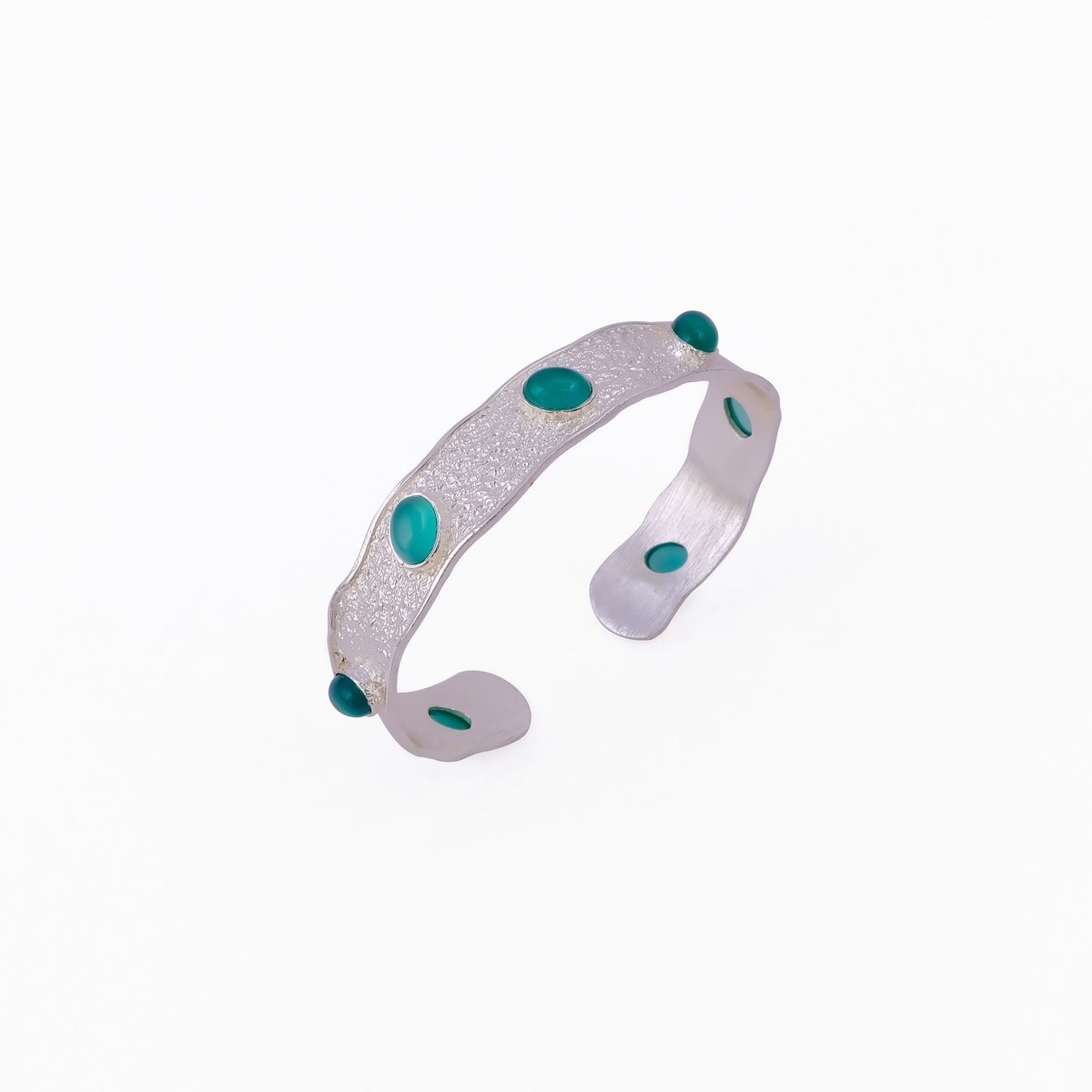 Natural Green Onyx Wavy Cuff Bangle, Textured Silver - Plated Statement Jewelry 5165