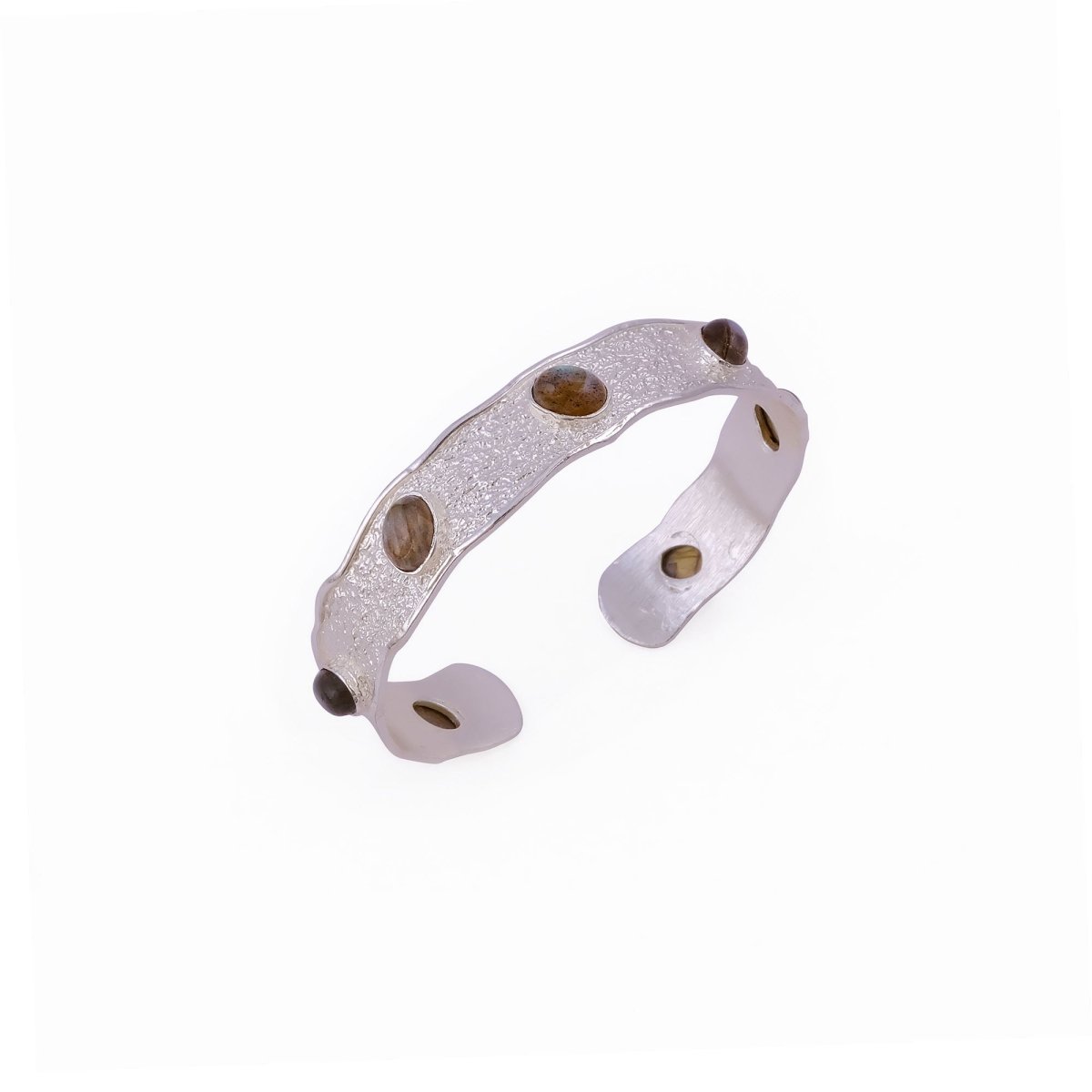 Natural Green Onyx Wavy Cuff Bangle, Textured Silver - Plated Statement Jewelry 5165