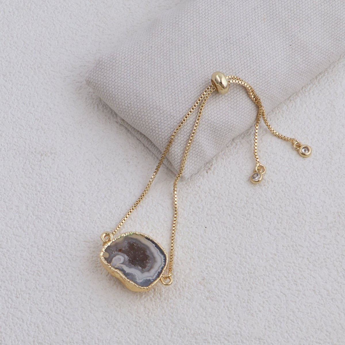 Natural Grey Geode Druzy Adjustable Chain Bracelet | Gold Box Chain Slider 5370