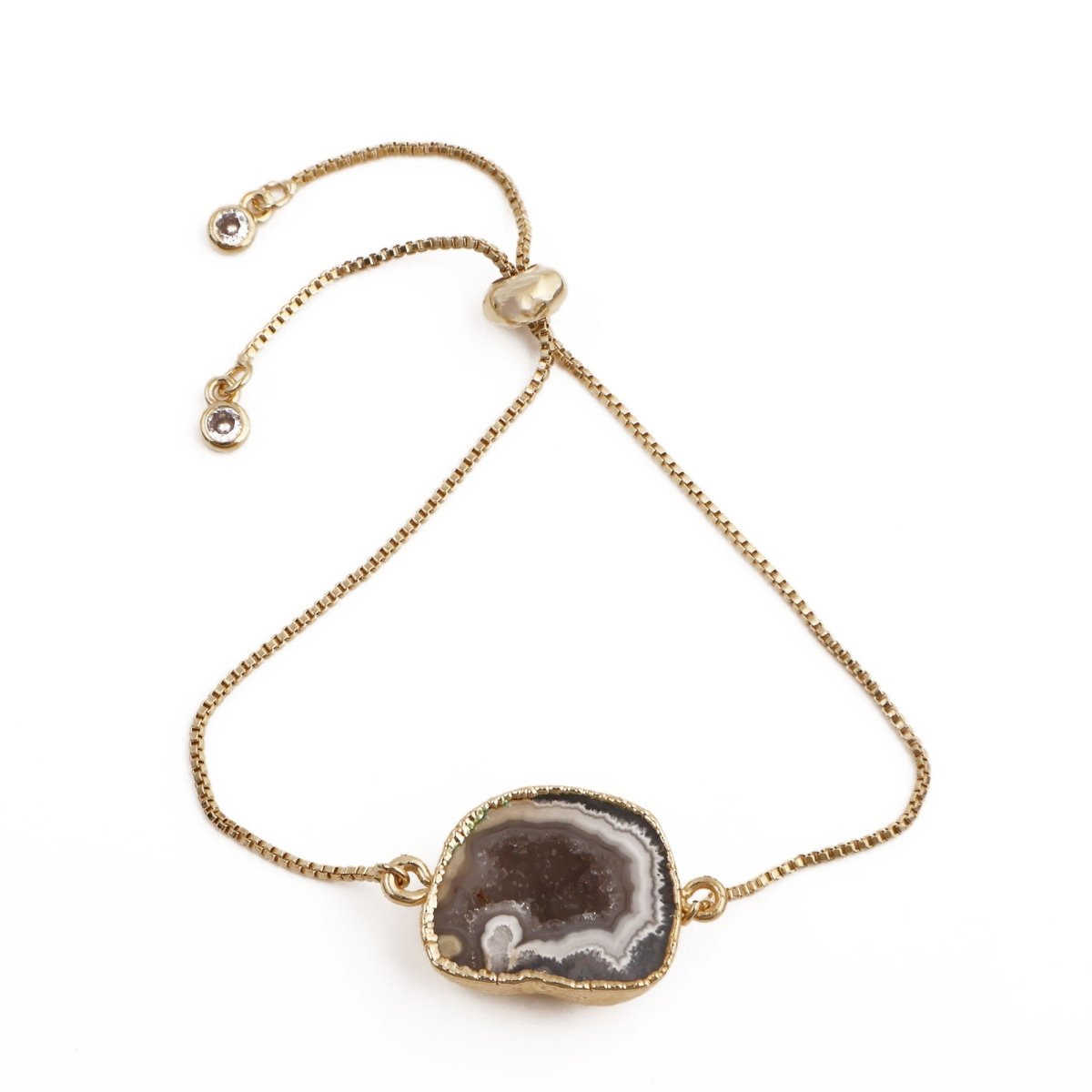 Natural Grey Geode Druzy Adjustable Chain Bracelet | Gold Box Chain Slider 5370