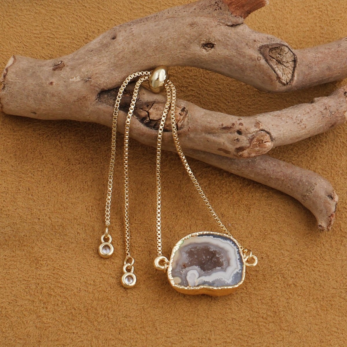 Natural Grey Geode Druzy Adjustable Chain Bracelet | Gold Box Chain Slider 5370