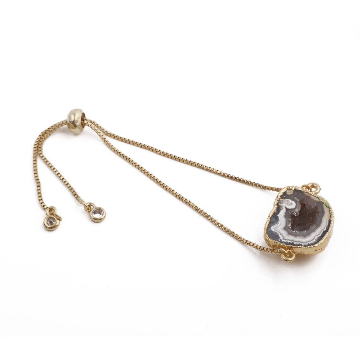Natural Grey Geode Druzy Adjustable Chain Bracelet | Gold Box Chain Slider 5370