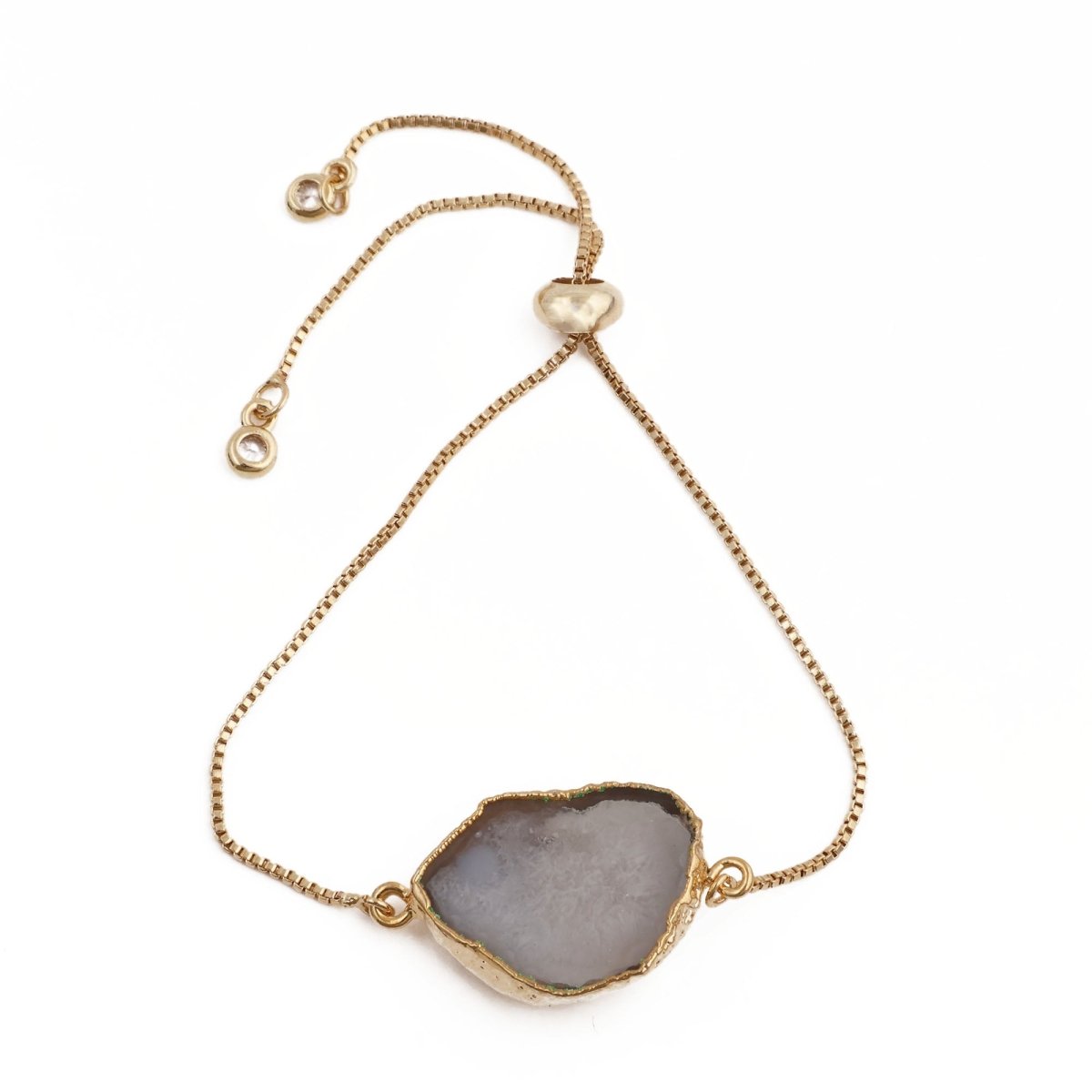 Natural Grey Geode Druzy Adjustable Chain Bracelet | Gold Box Chain Slider 5370