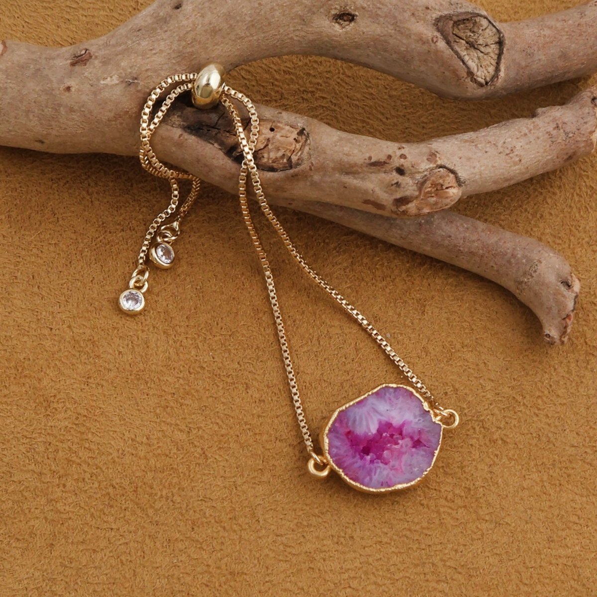 Natural Grey Geode Druzy Adjustable Chain Bracelet | Gold Box Chain Slider 5370