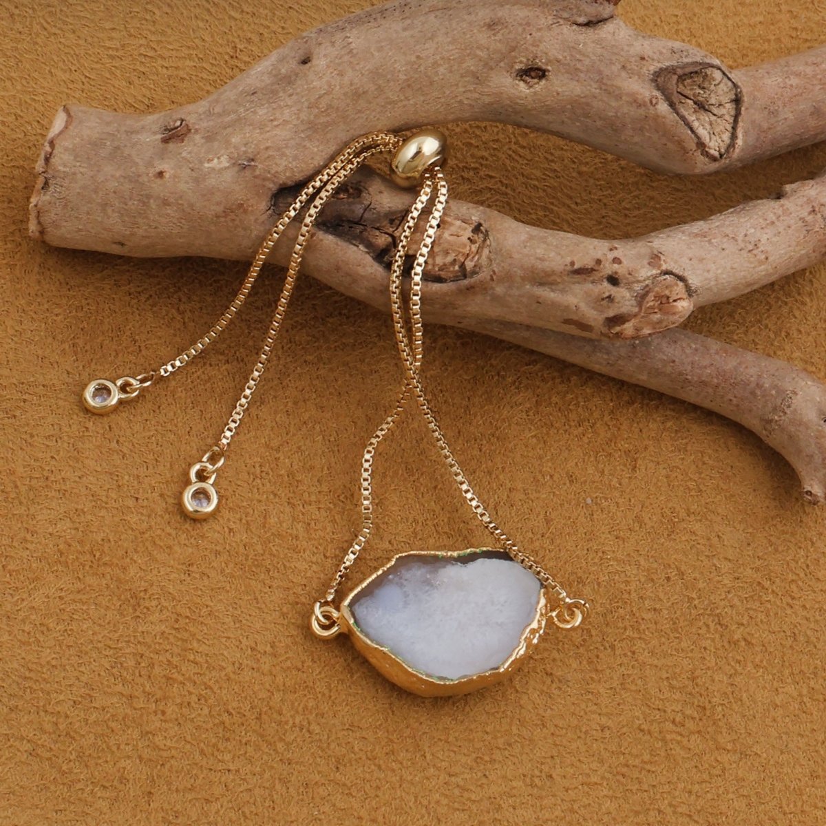 Natural Grey Geode Druzy Adjustable Chain Bracelet | Gold Box Chain Slider 5370