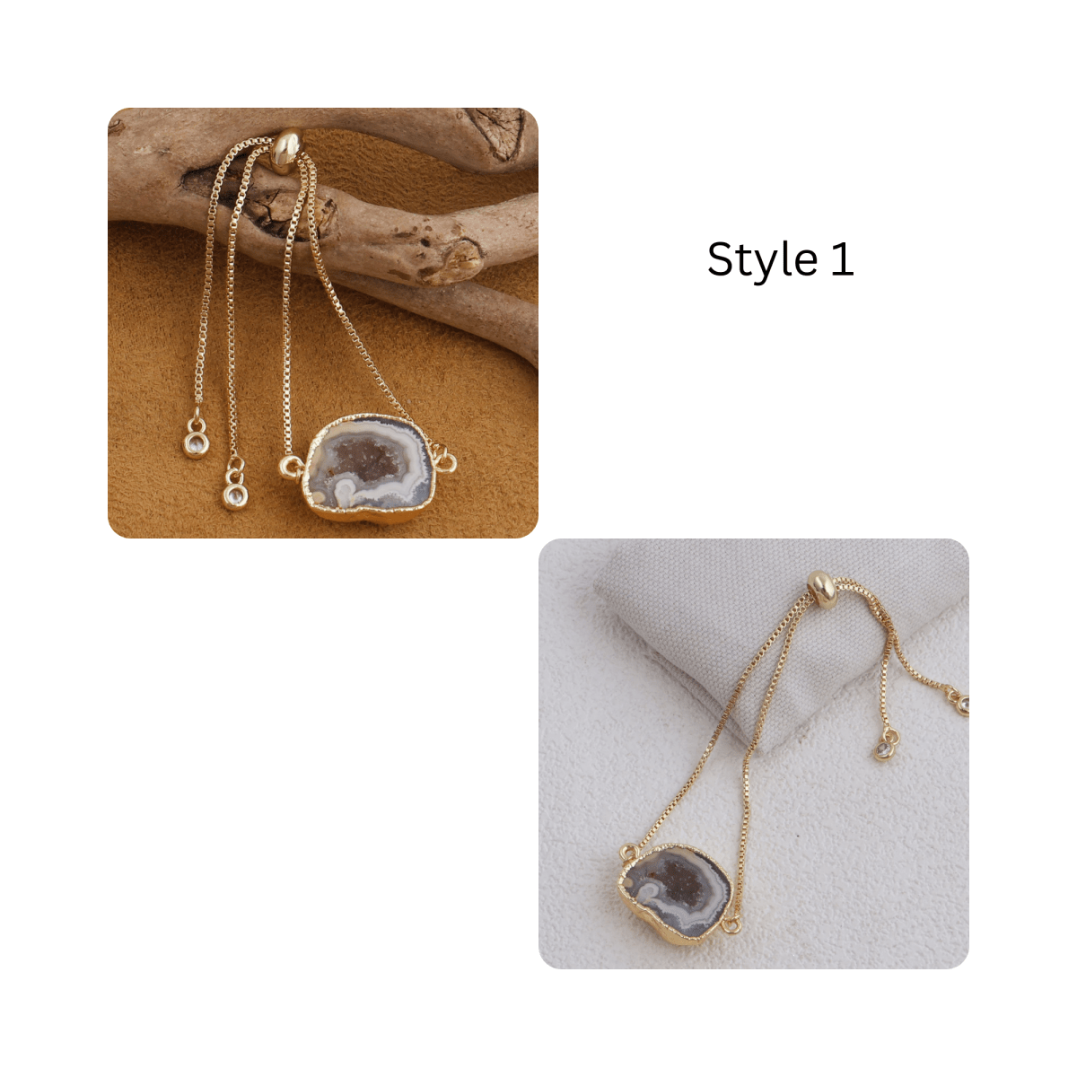 Natural Grey Geode Druzy Adjustable Chain Bracelet | Gold Box Chain Slider 5370