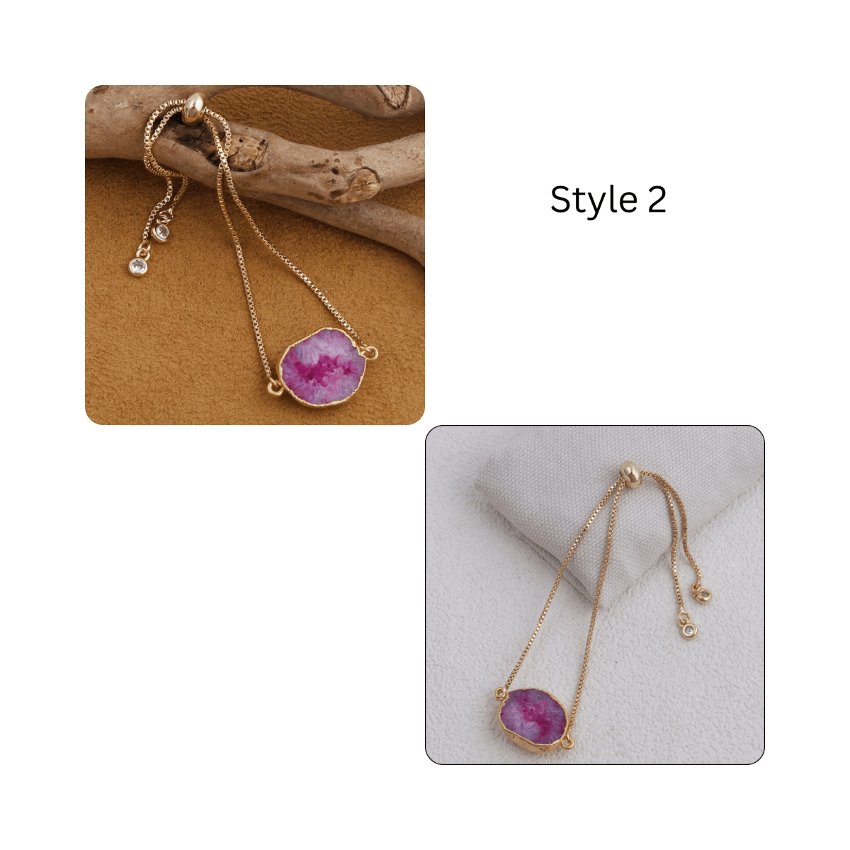 Natural Grey Geode Druzy Adjustable Chain Bracelet | Gold Box Chain Slider 5370 Pink Geode Druzy