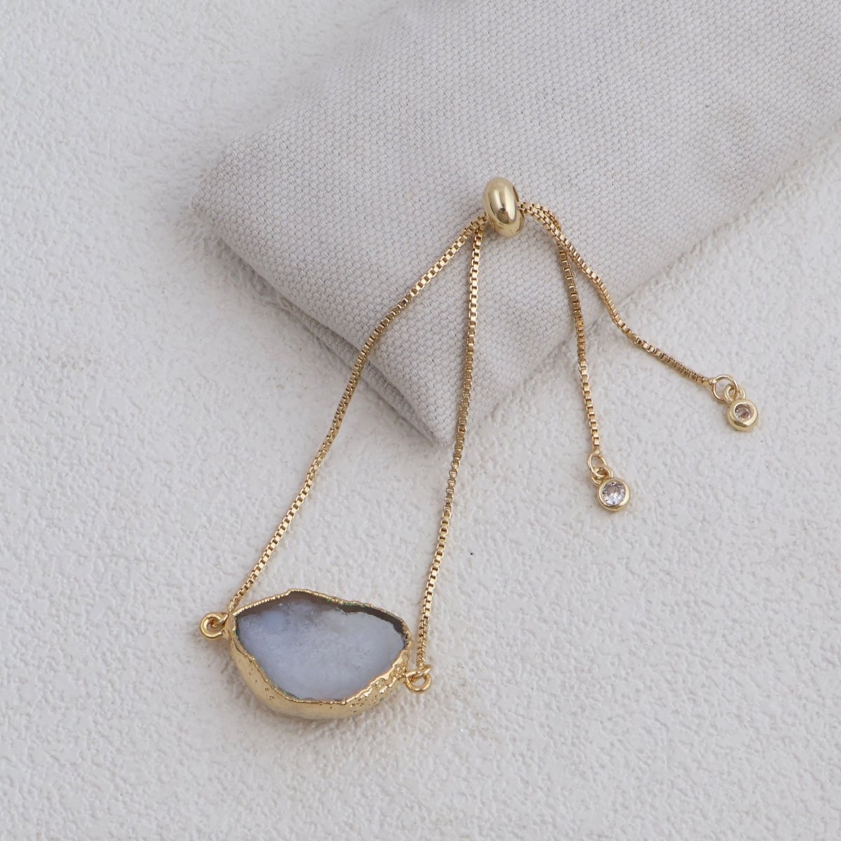 Natural Grey Geode Druzy Adjustable Chain Bracelet | Gold Box Chain Slider 5370