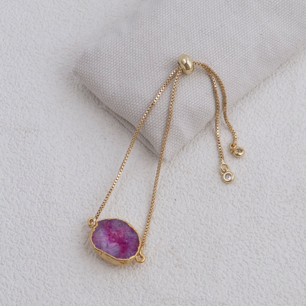 Natural Grey Geode Druzy Adjustable Chain Bracelet | Gold Box Chain Slider 5370
