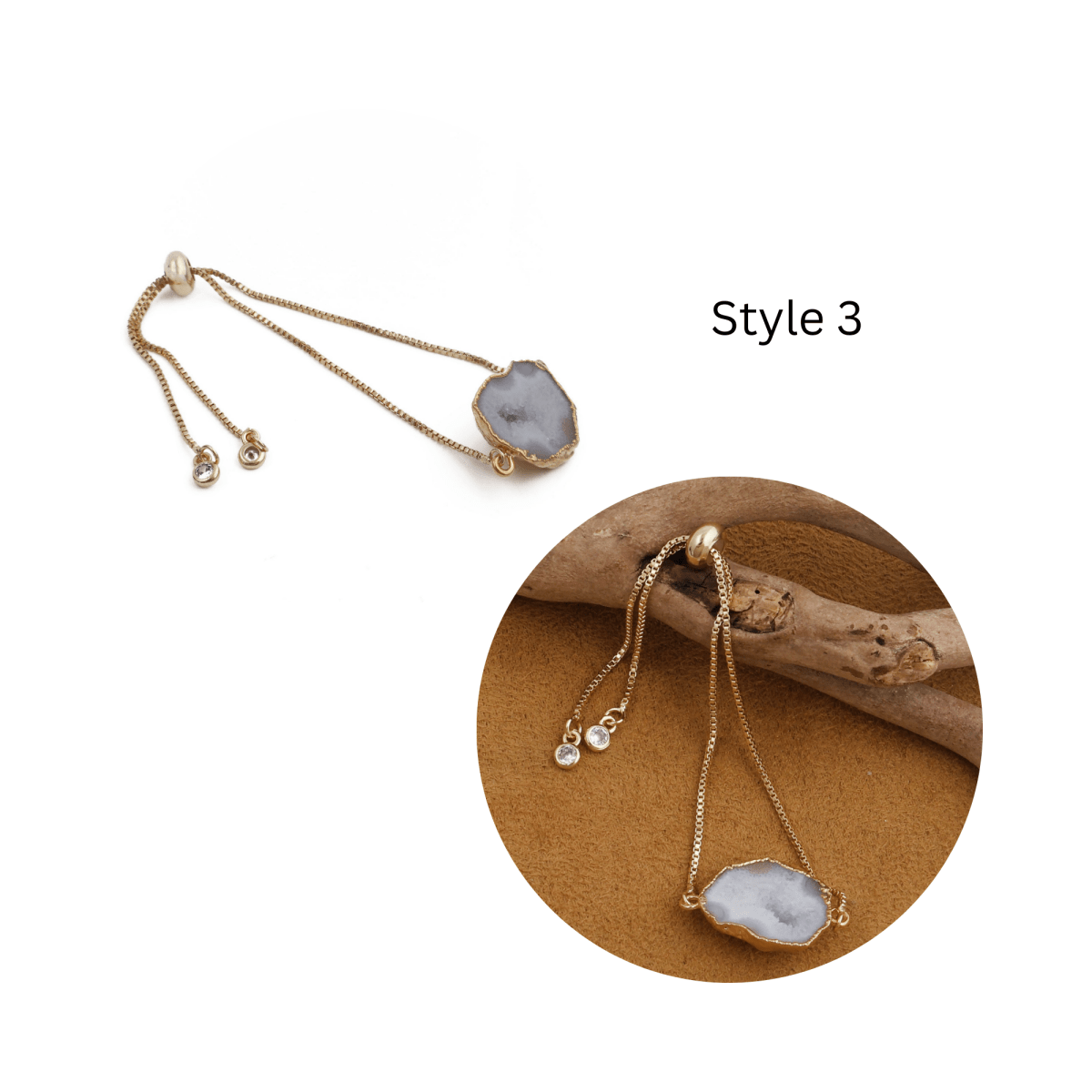Natural Grey Geode Gemstone Bracelet | Gold Plated Slider Chain Jewelry 5370 White Geode