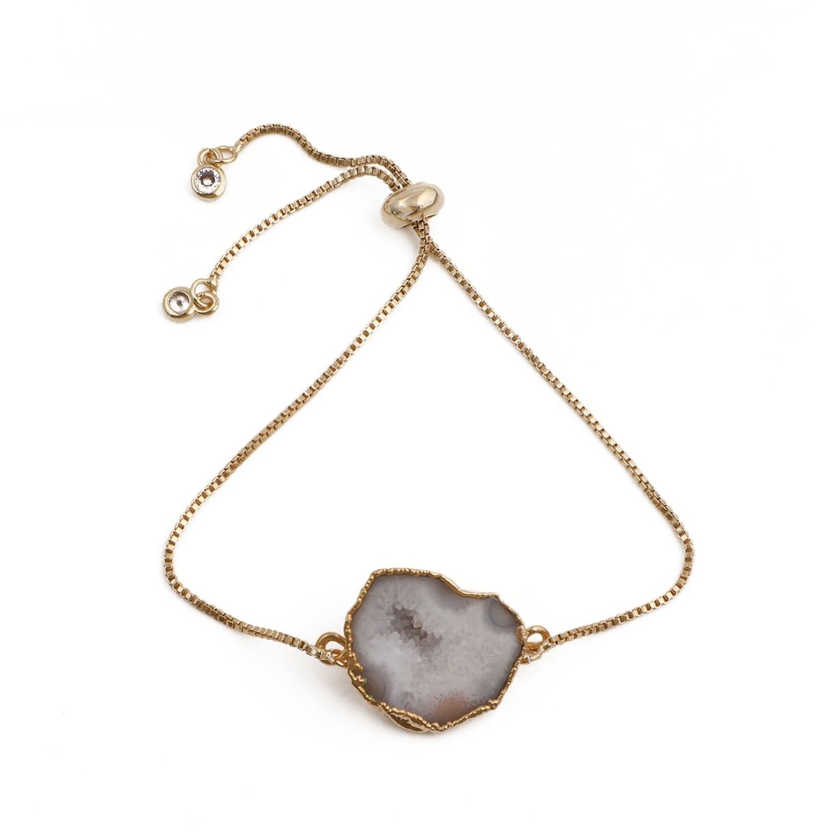 Natural Grey Geode Gemstone Bracelet | Gold Plated Slider Chain Jewelry 5370