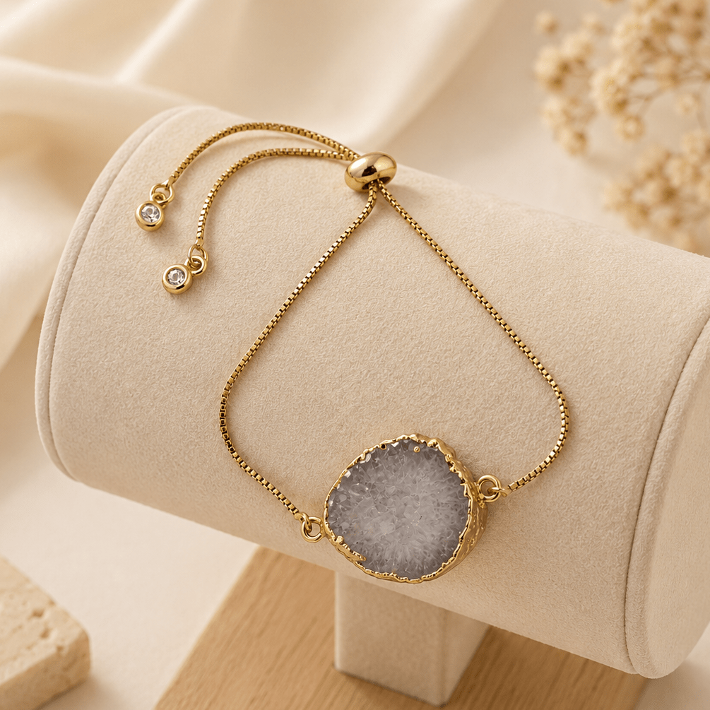 Natural Grey Geode Gemstone Bracelet | Gold Plated Slider Chain Jewelry 5370 Grey Geode