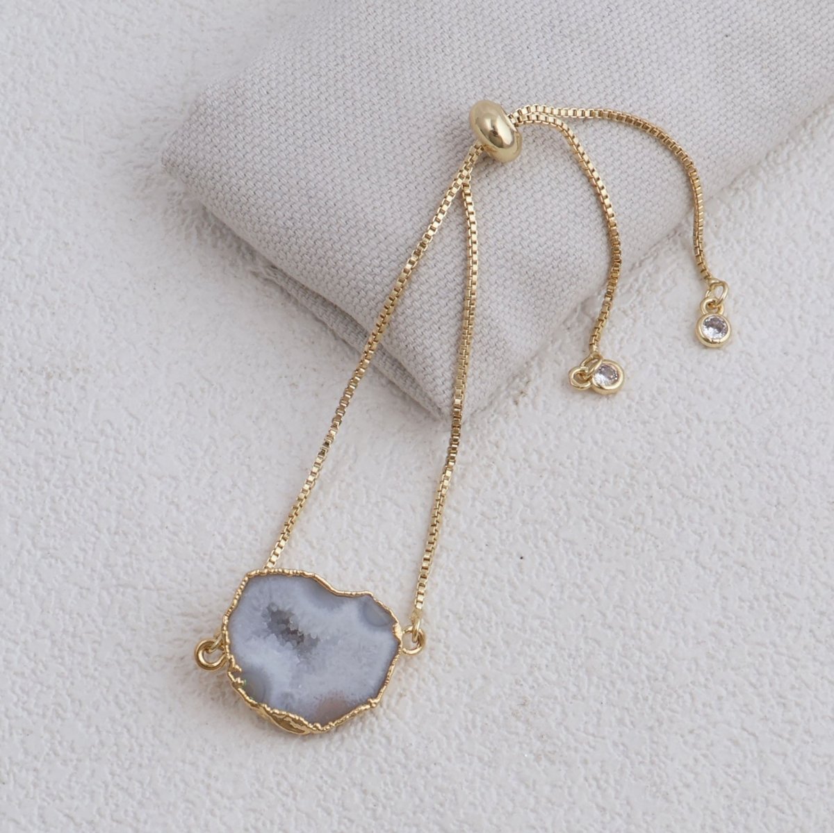 Natural Grey Geode Gemstone Bracelet | Gold Plated Slider Chain Jewelry 5370