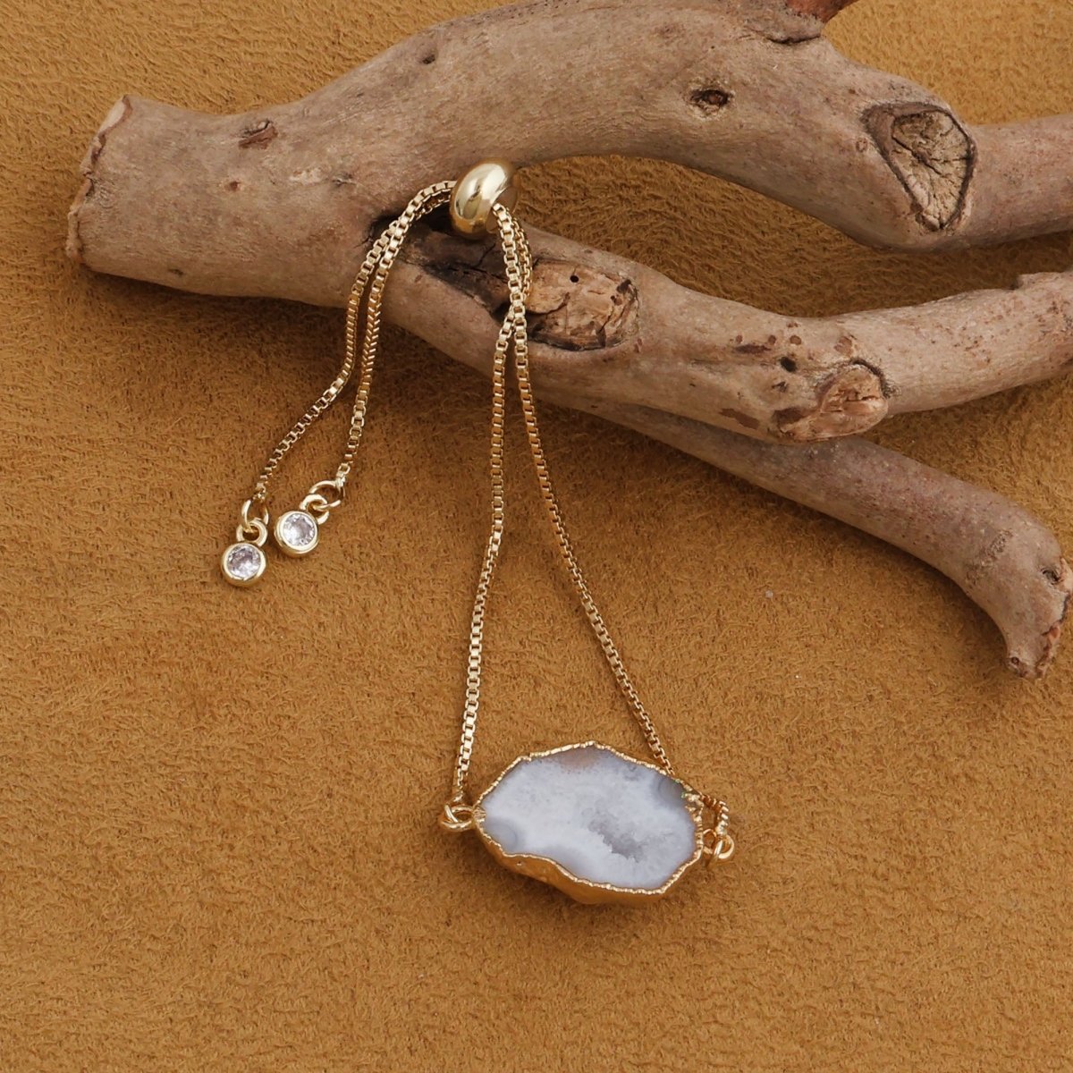 Natural Grey Geode Gemstone Bracelet | Gold Plated Slider Chain Jewelry 5370