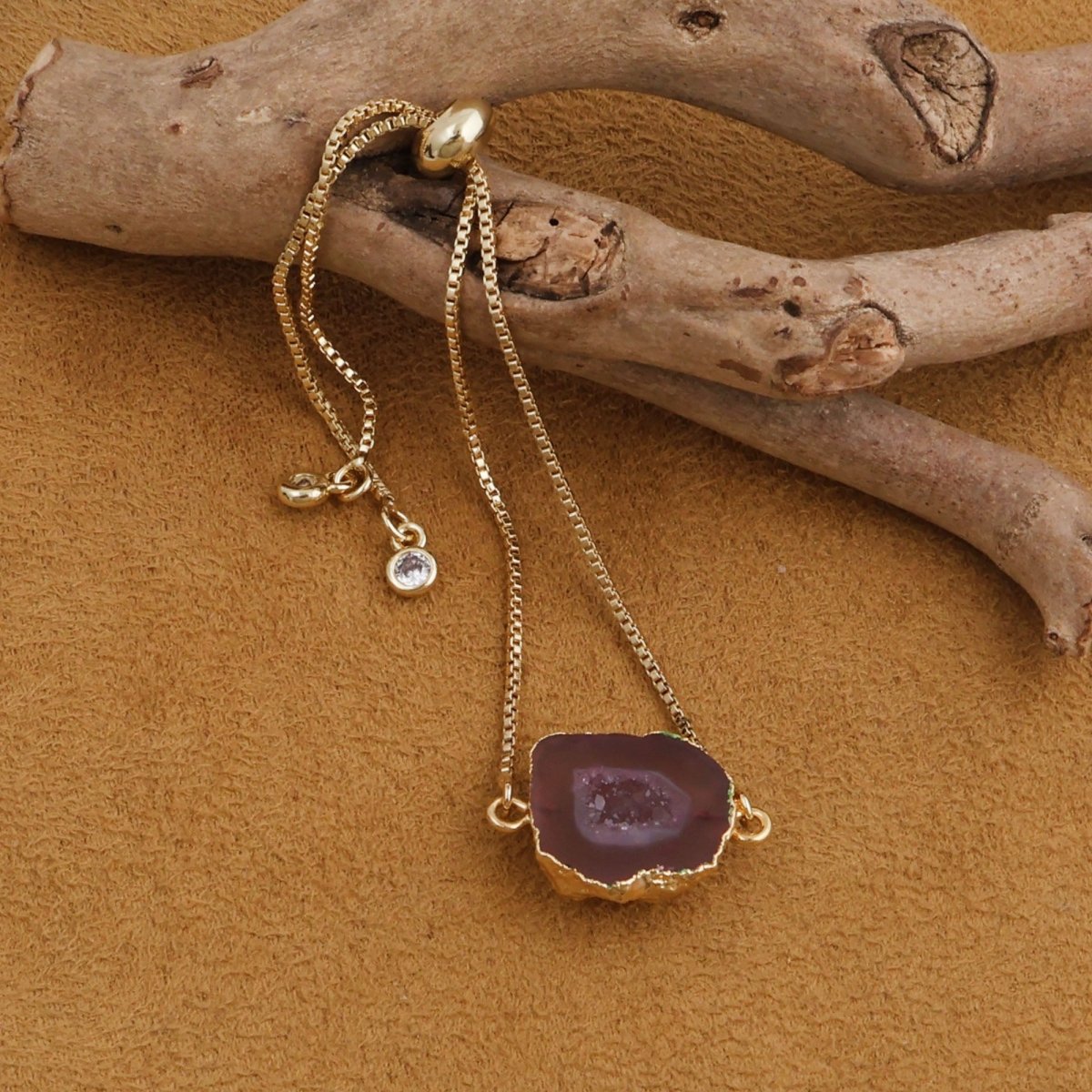 Natural Grey Geode Gemstone Bracelet | Gold Plated Slider Chain Jewelry 5370