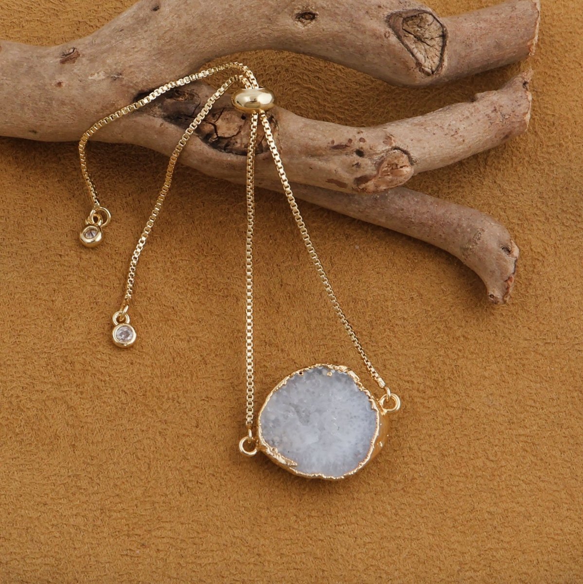 Natural Grey Geode Gemstone Bracelet | Gold Plated Slider Chain Jewelry 5370