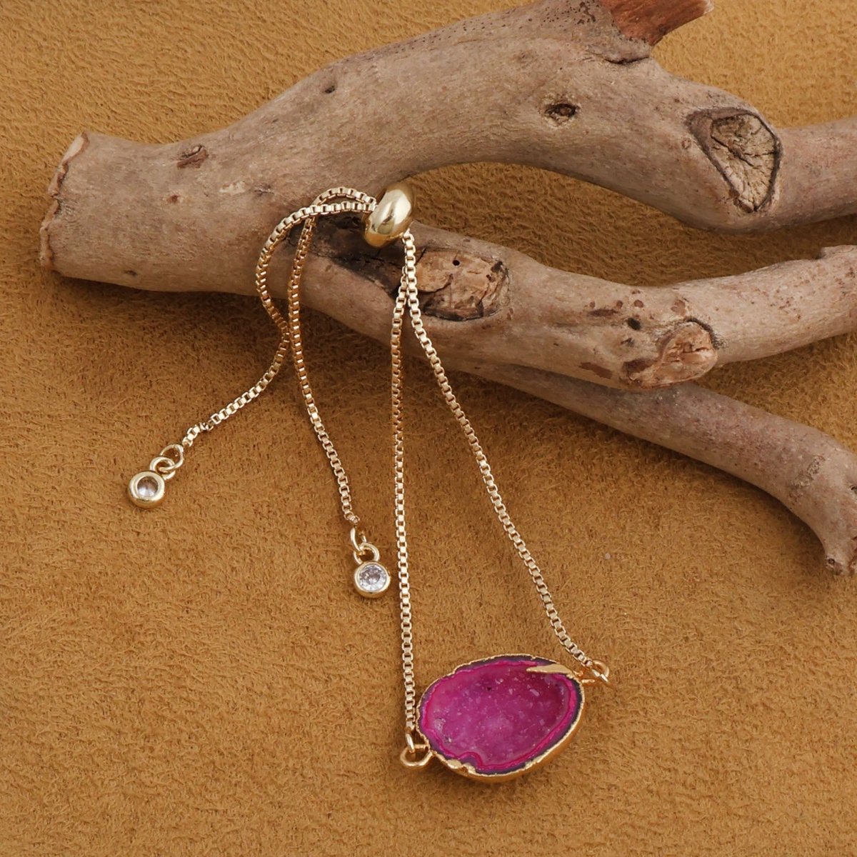 Natural Grey Geode Gemstone Bracelet | Gold Plated Slider Chain Jewelry 5370