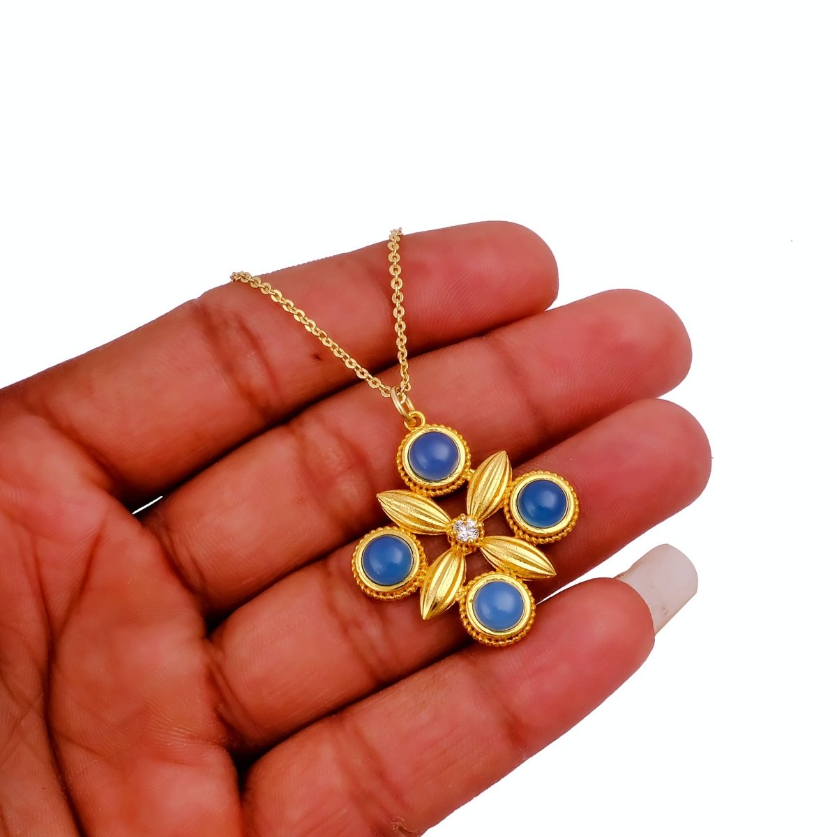 Natural Ink Blue Chalcedony Gold Plated Chain Necklace