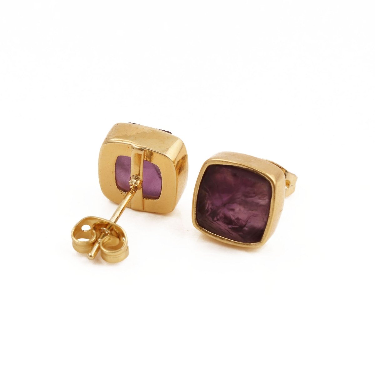 Natural Labradorite Cushion Shape, Gold Plated Bezel Set Stud Earrings CE - 1004