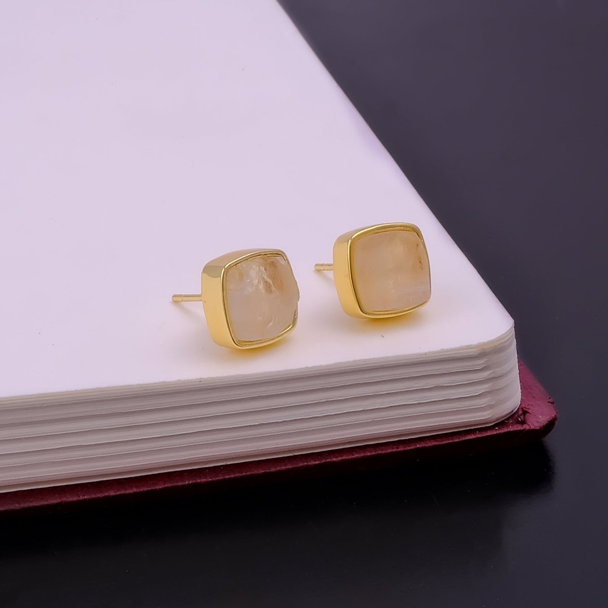 Natural Labradorite Cushion Shape, Gold Plated Bezel Set Stud Earrings CE - 1004