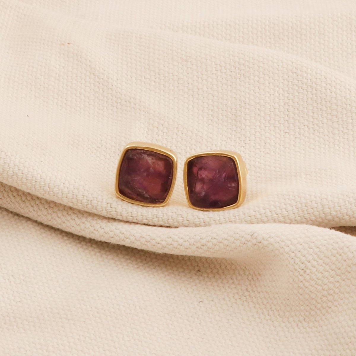 Natural Labradorite Cushion Shape, Gold Plated Bezel Set Stud Earrings CE - 1004