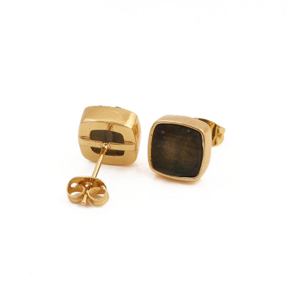 Natural Labradorite Cushion Shape, Gold Plated Bezel Set Stud Earrings CE - 1004