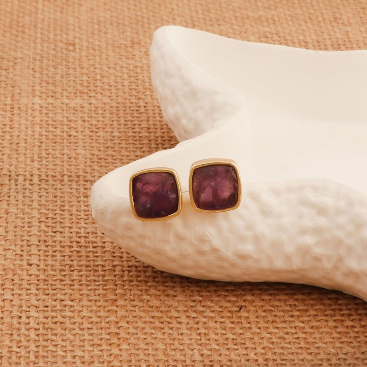 Natural Labradorite Cushion Shape, Gold Plated Bezel Set Stud Earrings CE - 1004