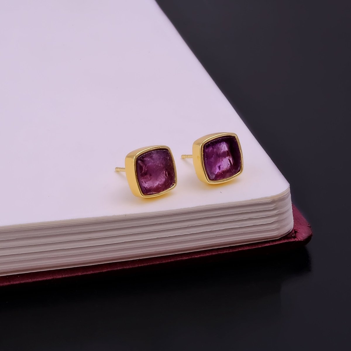 Natural Labradorite Cushion Shape, Gold Plated Bezel Set Stud Earrings CE - 1004