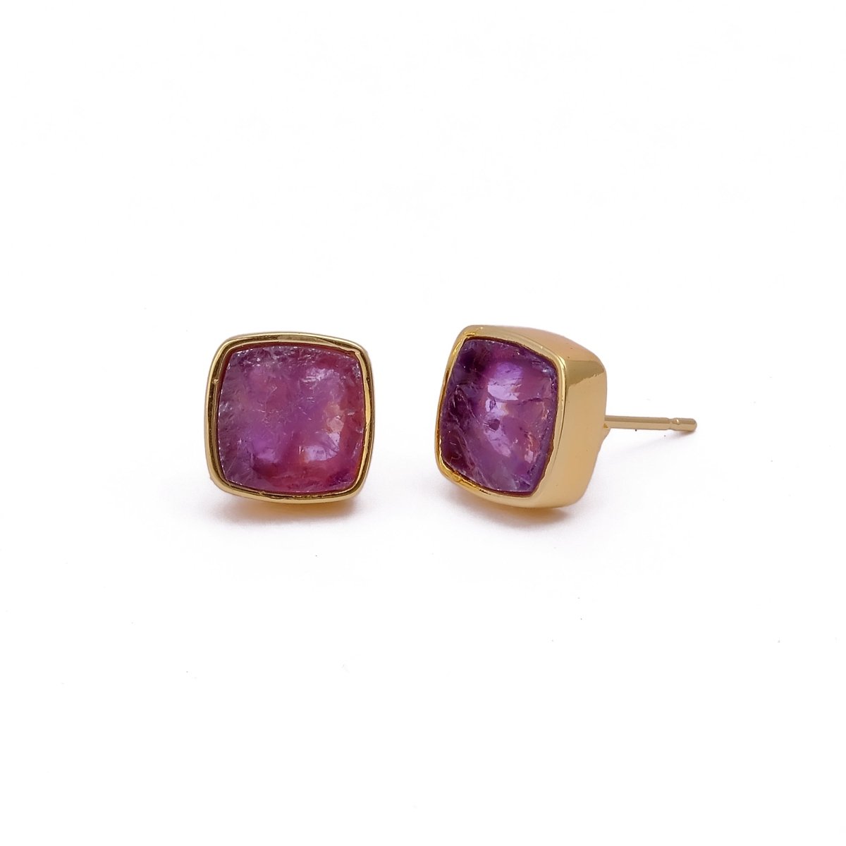 Natural Labradorite Cushion Shape, Gold Plated Bezel Set Stud Earrings CE - 1004